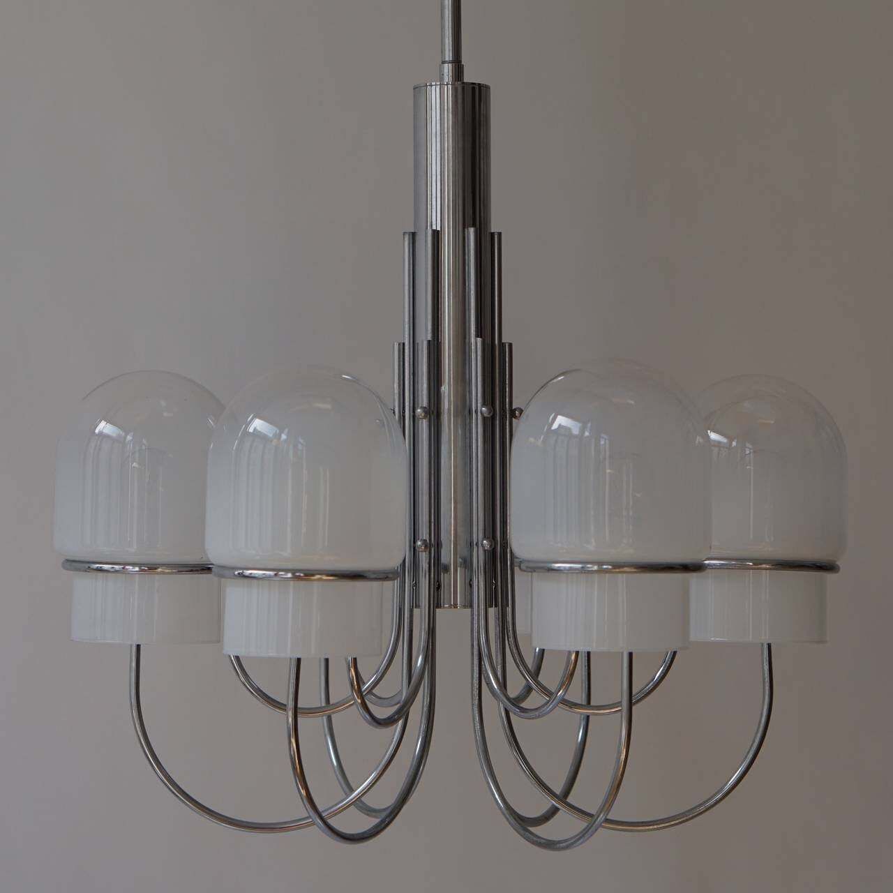 Italian Six Arched Arm Chrome And Milk Glass Chandelier, Circa 1960s photo vintage