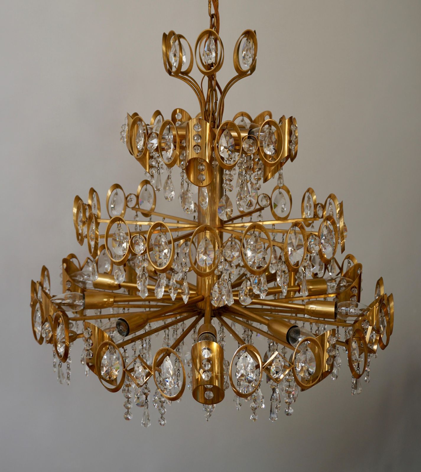 photo for sale Glamorous Hollywood Regency Gilt Brass And Crystal Palwa Chandelier