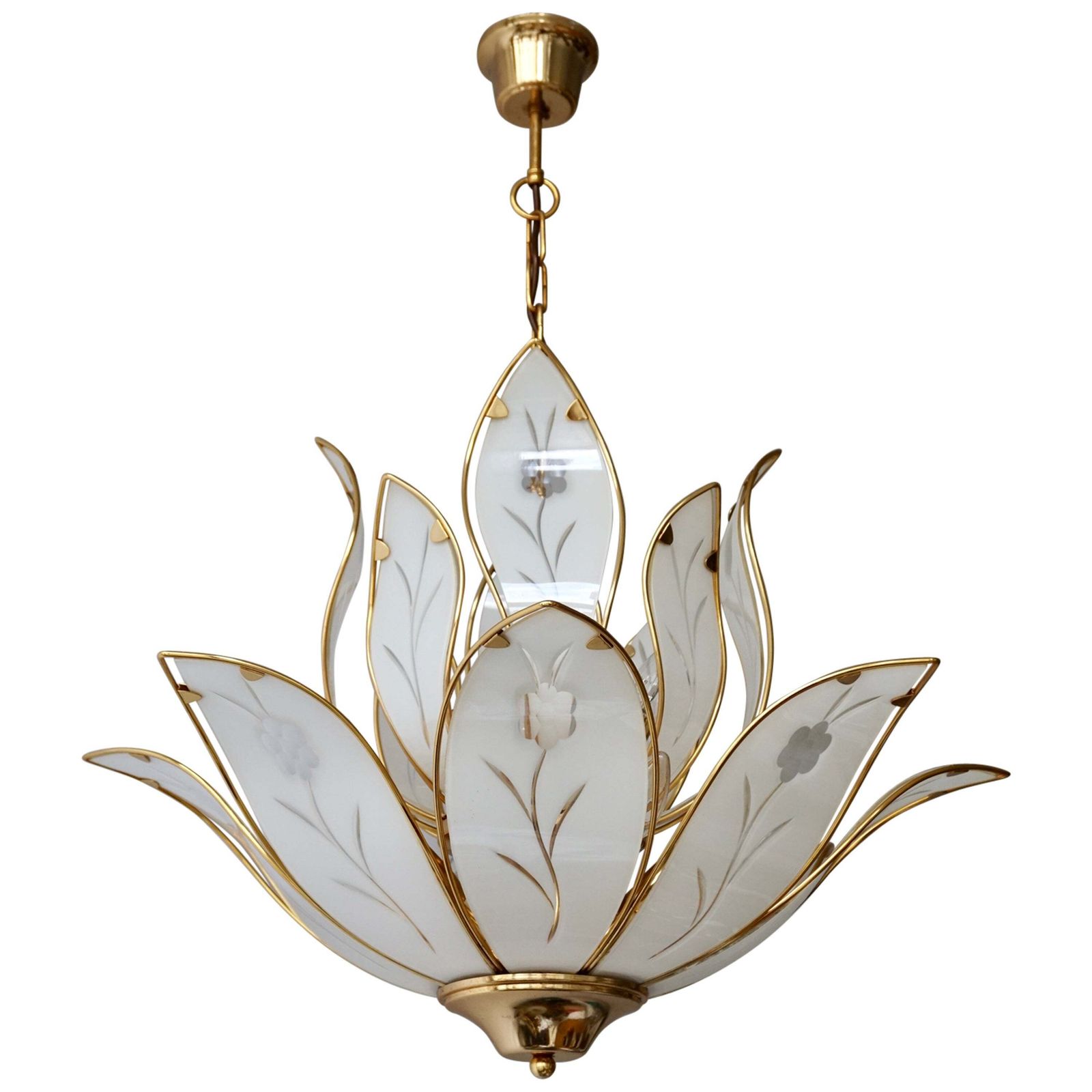 Two Lotus Chandeliers In Brass And White Murano Glass In Franco Luce Style