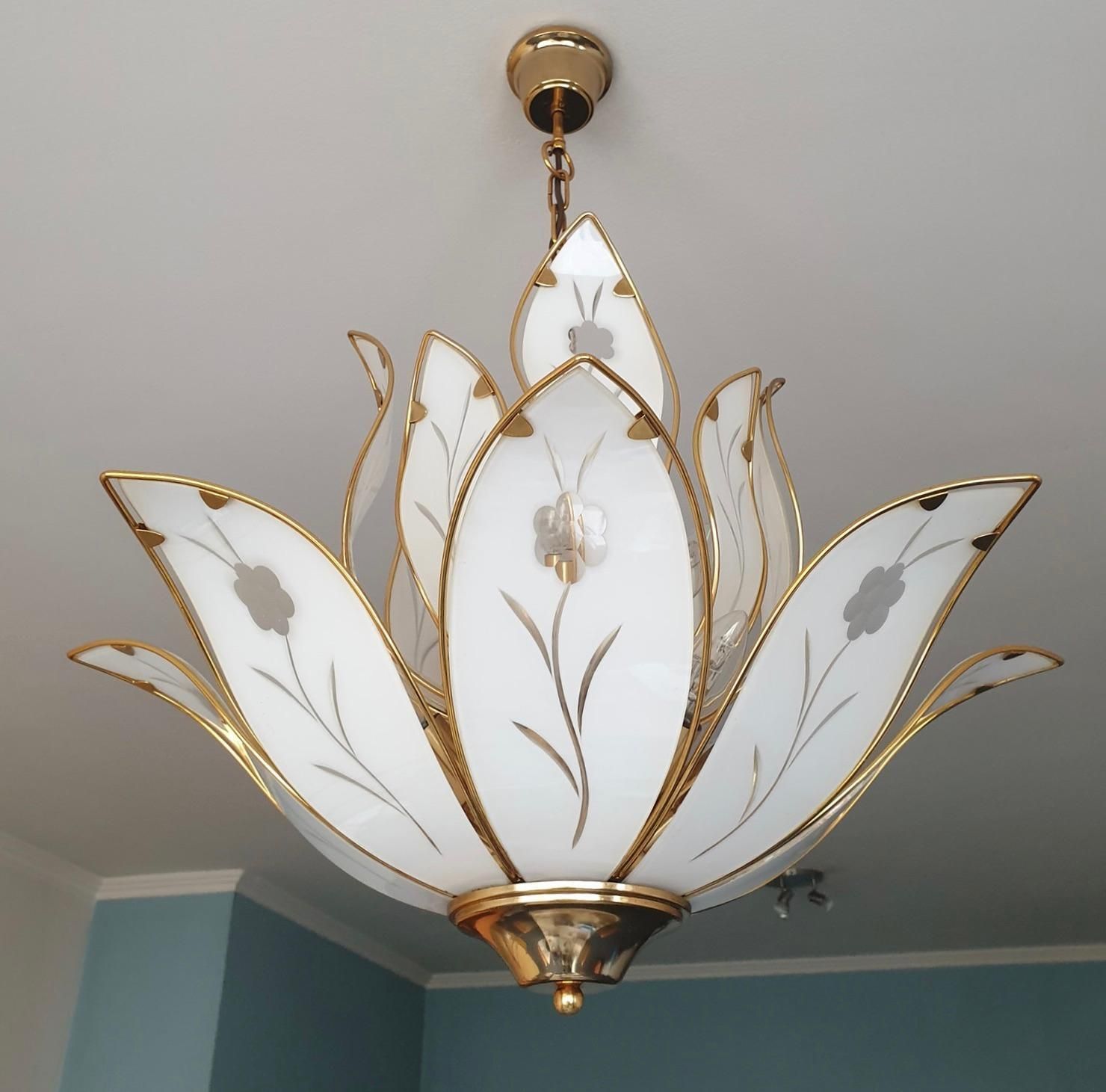 Two Lotus Chandeliers In Brass And White Murano Glass In Franco Luce Style photo furniture