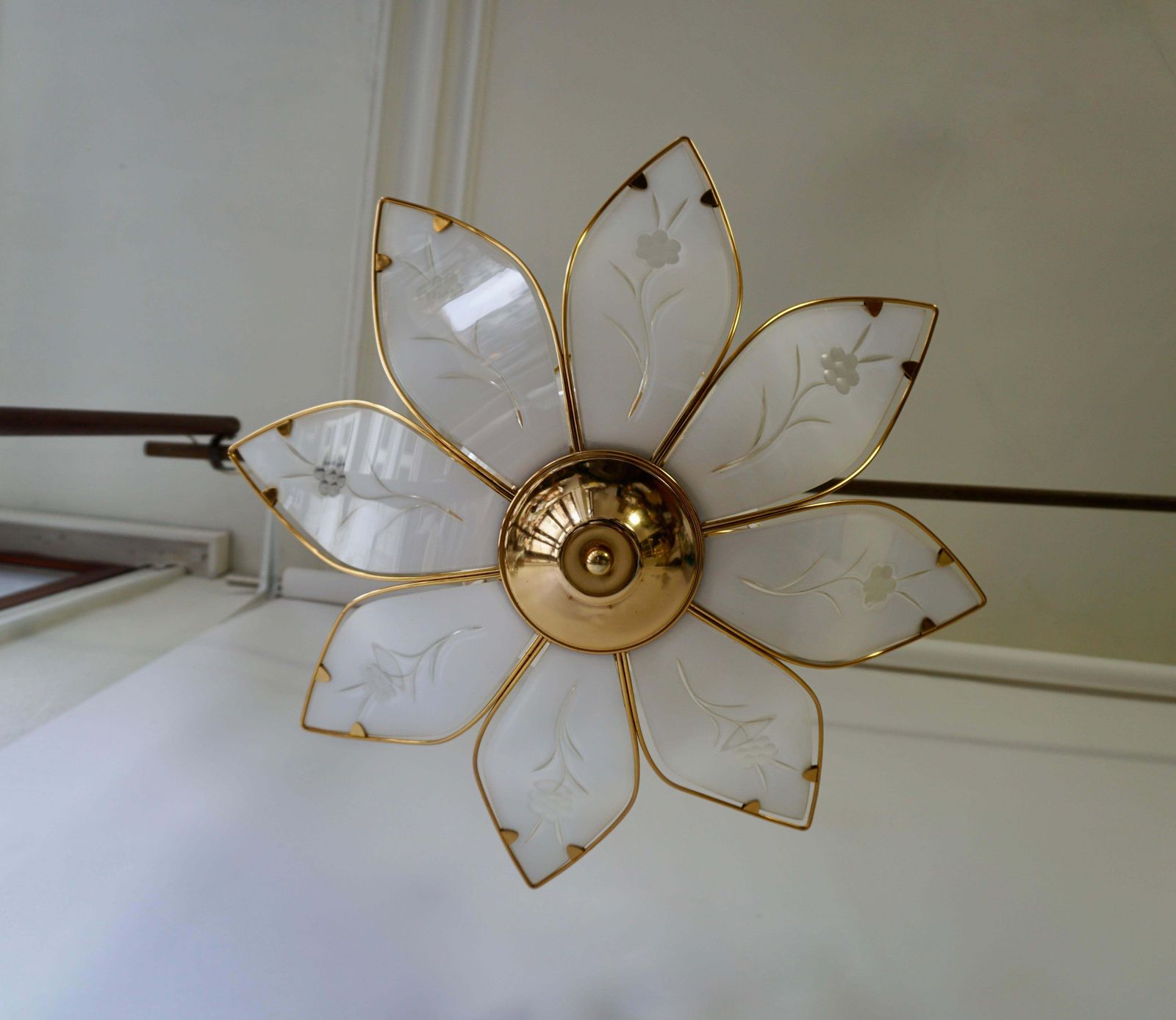 photo furniture Two Lotus Chandeliers In Brass And White Murano Glass In Franco Luce Style