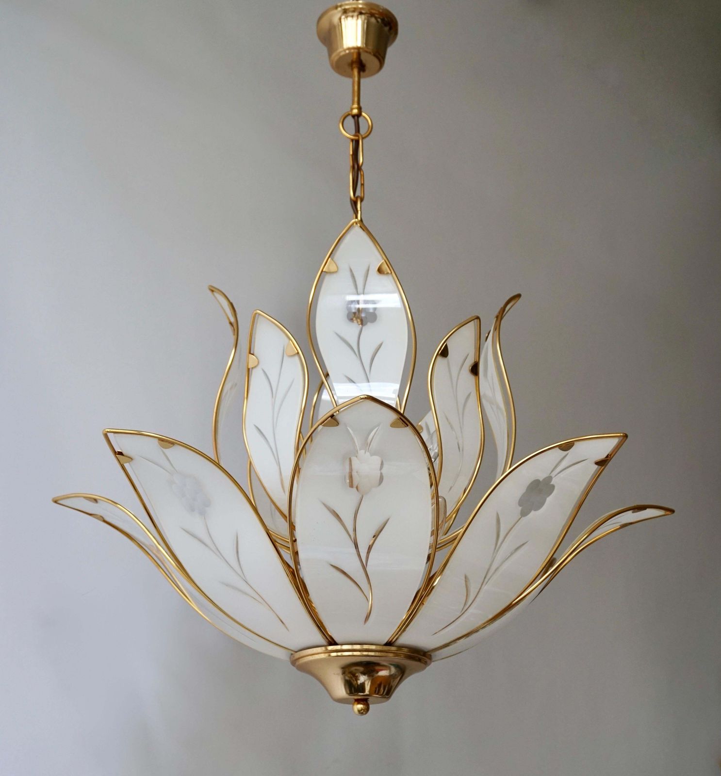 photo for sale Two Lotus Chandeliers In Brass And White Murano Glass In Franco Luce Style