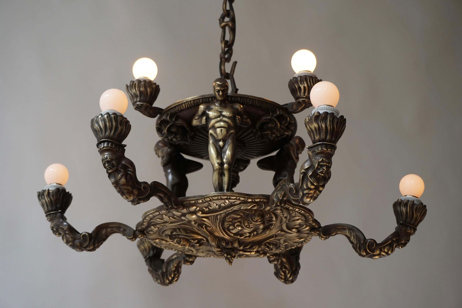 French Bronze Art Deco Hollywood Regency Chandelier Showing Male Nude Figures photo buy