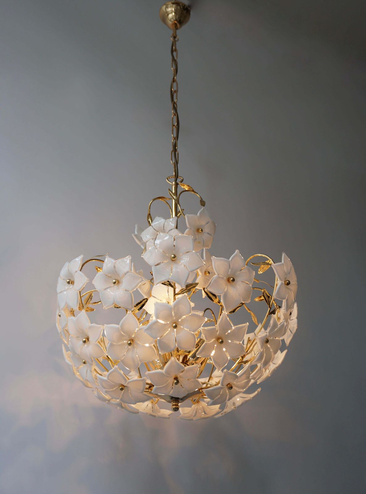 Three Italian Murano Glass Flower Bouquet Gilt Brass Chandeliers photo 3229.0