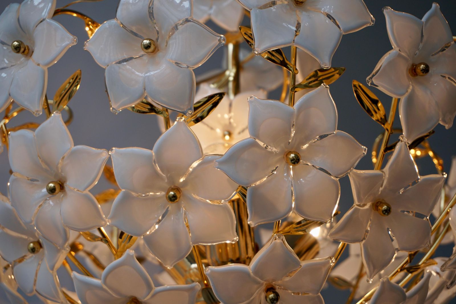 Lighting Three Italian Murano Glass Flower Bouquet Gilt Brass Chandeliers photo