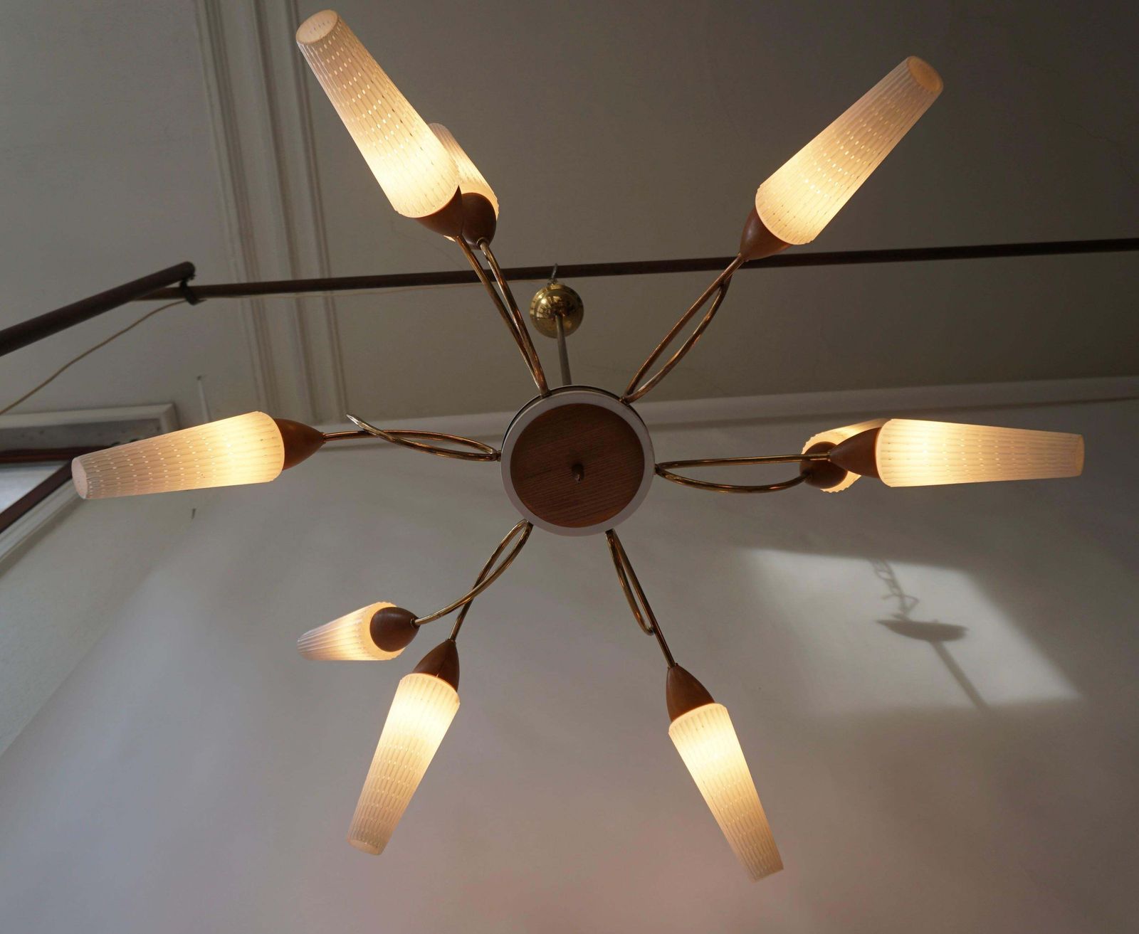 Stilnovo Style Teak And Opaline Glass Nine Arm Spider Chandelier photo vinterior