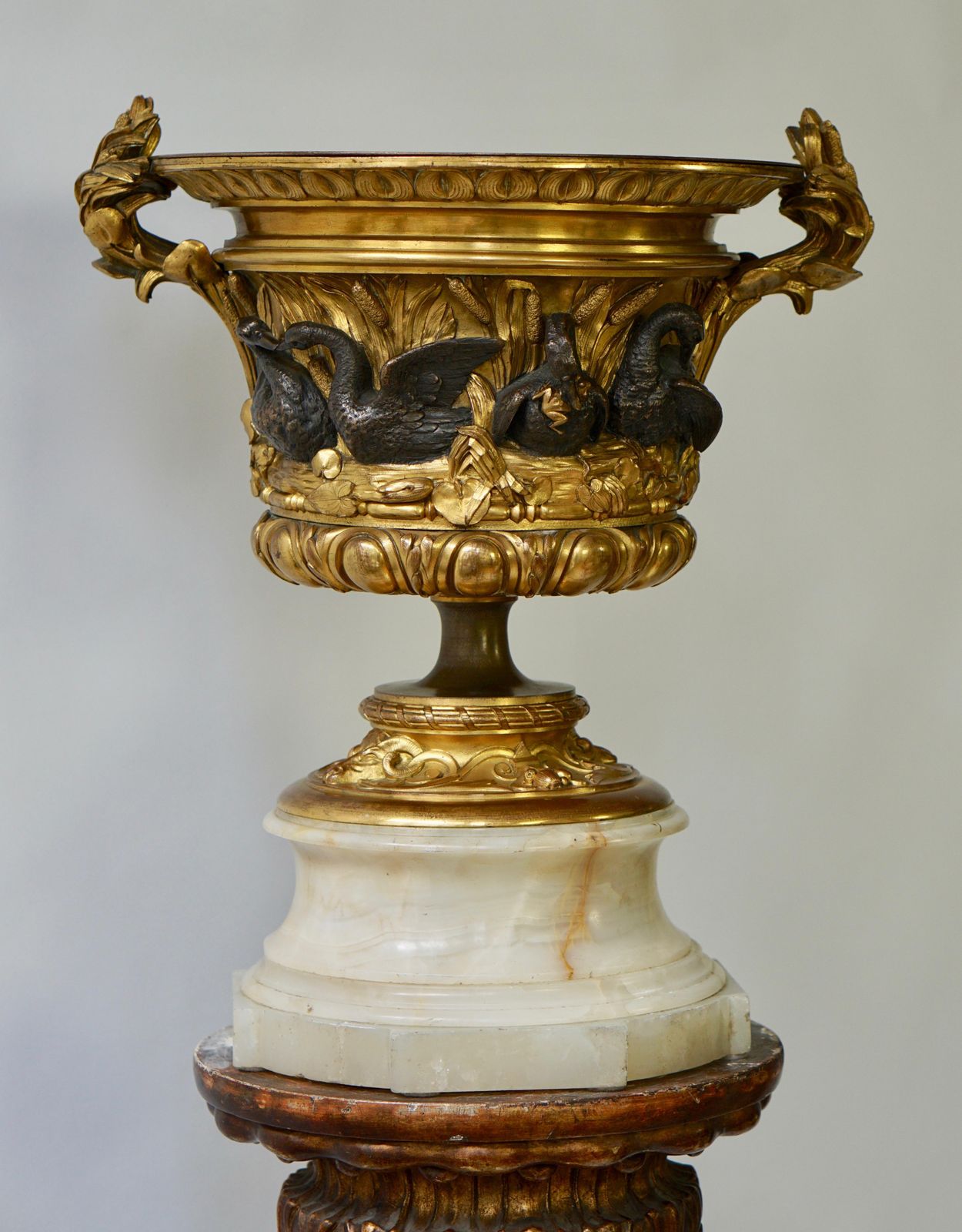 Exceptional Napoleon III Gilt Bronze And Onyx Swan Centerpiece Urn, France photo buy
