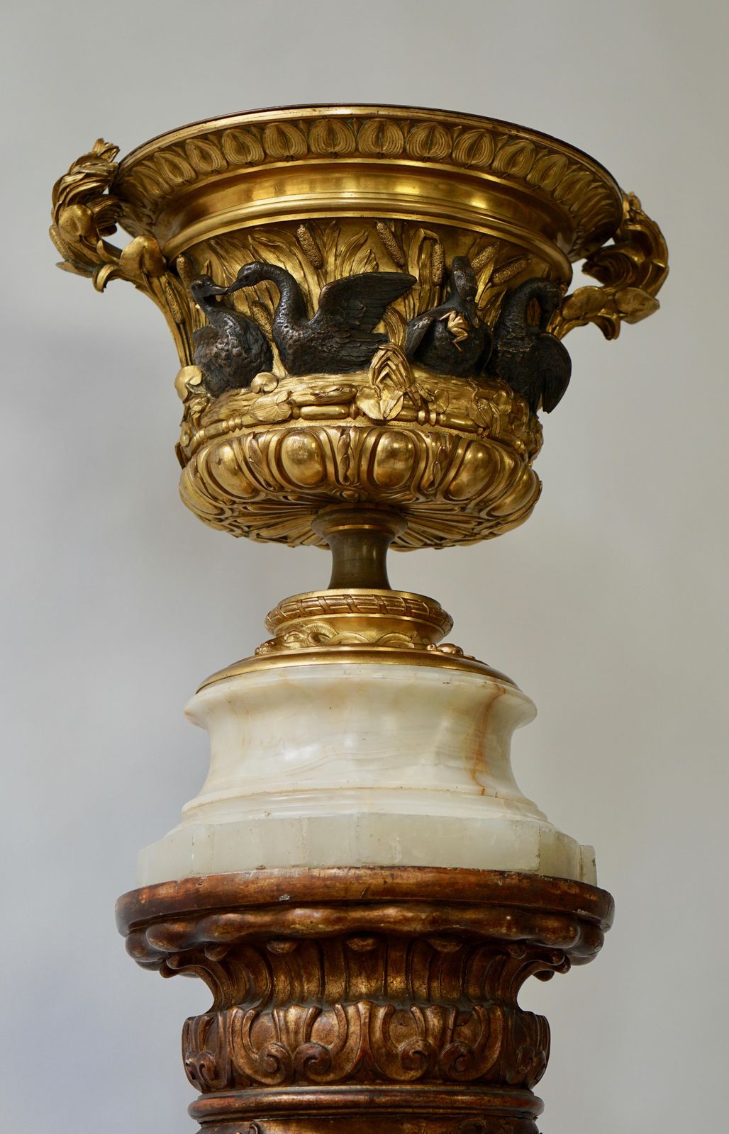 photo for sale Exceptional Napoleon III Gilt Bronze And Onyx Swan Centerpiece Urn, France
