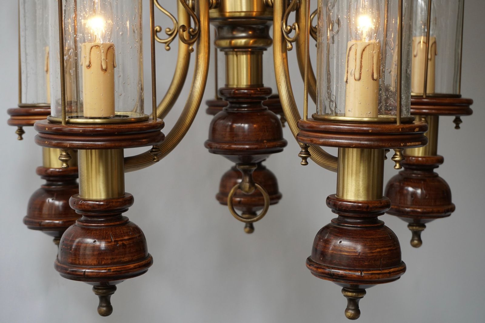 Chandelier Is Glass, Brass And Wood photo vinterior