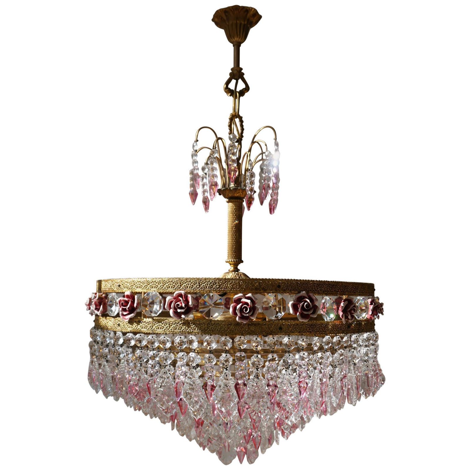 Rare Italian Chandelier With Pink Crystals And Pink Roses