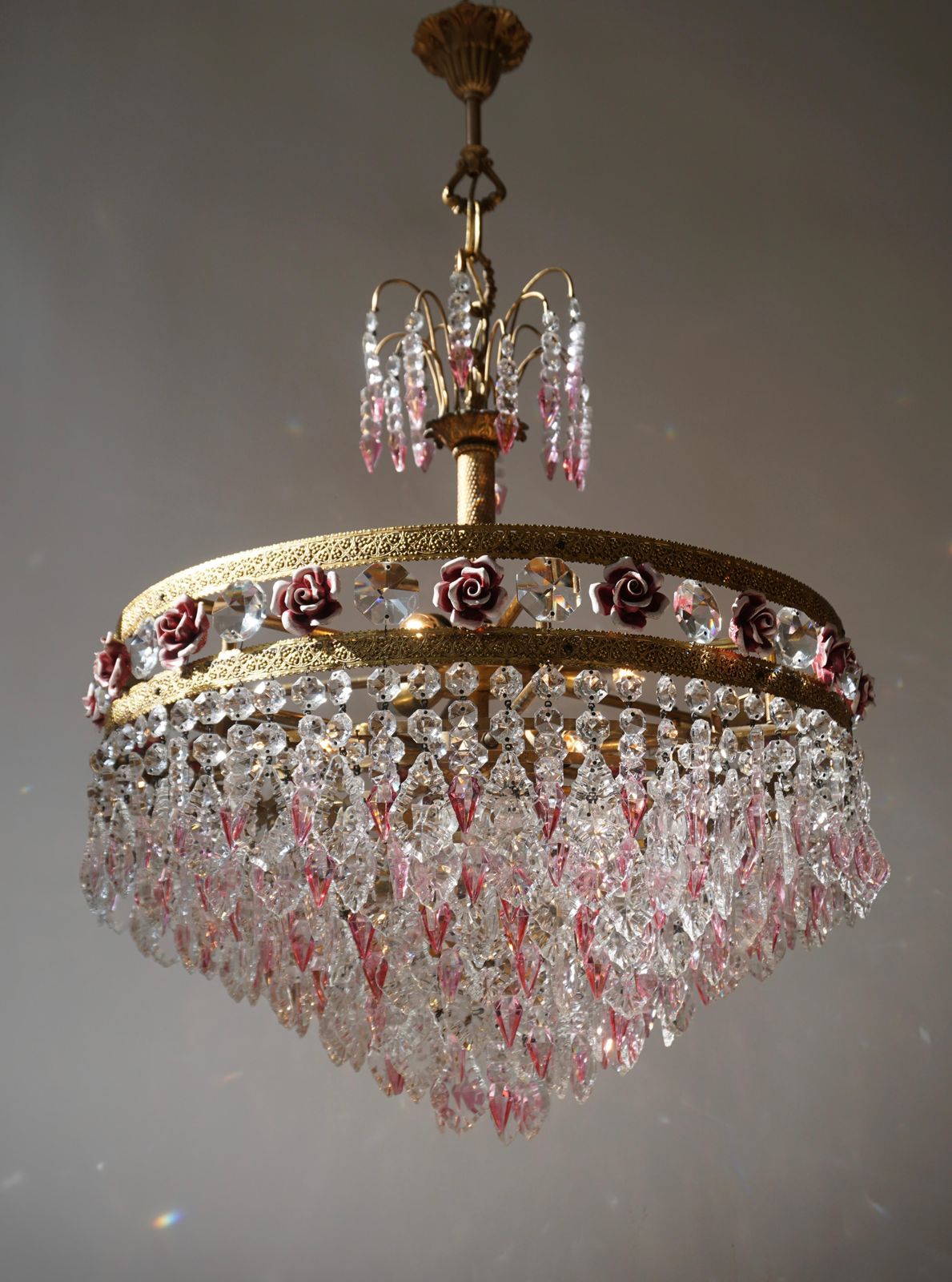 Rare Italian Chandelier With Pink Crystals And Pink Roses photo furniture