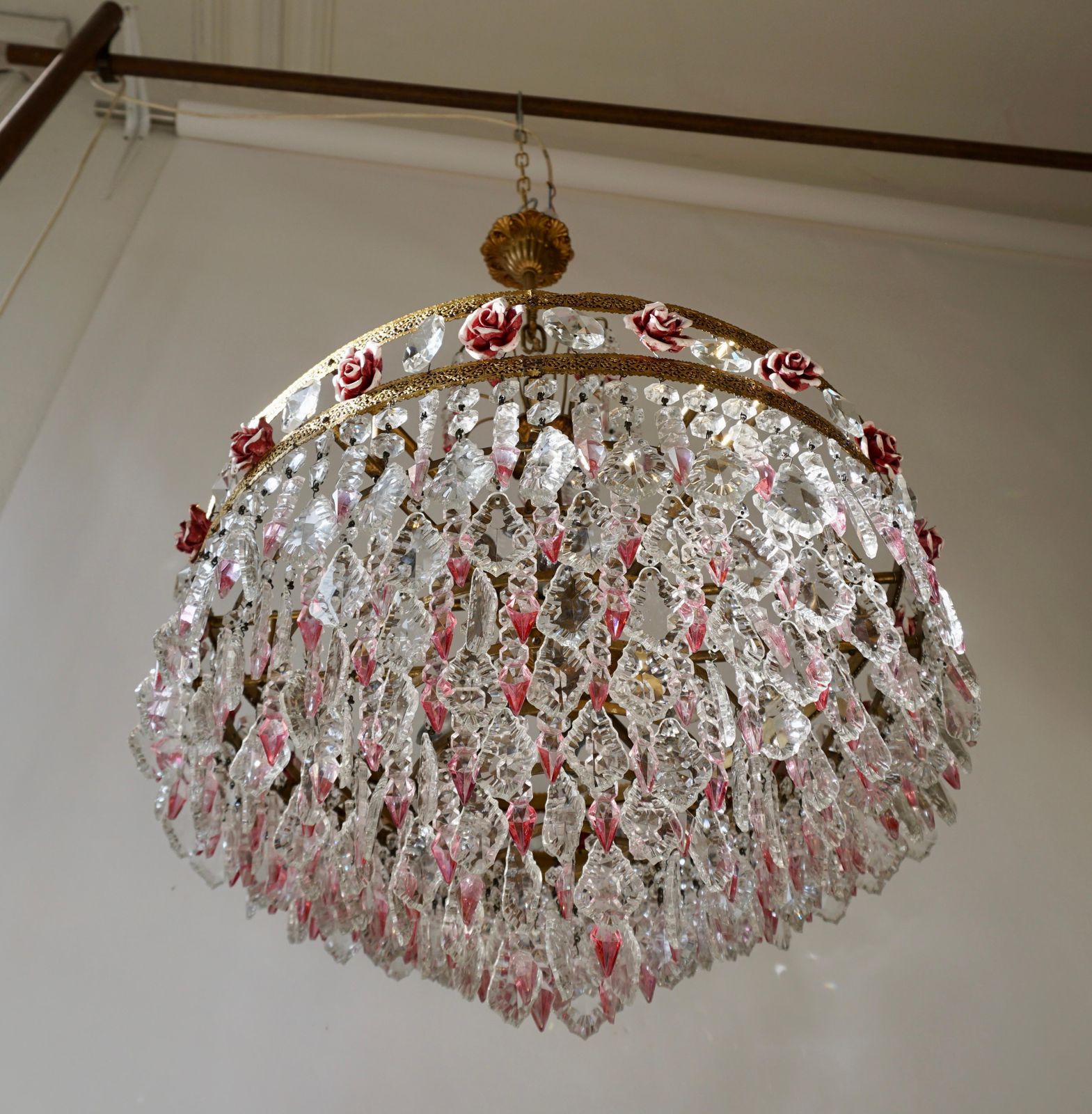 photo for sale Rare Italian Chandelier With Pink Crystals And Pink Roses