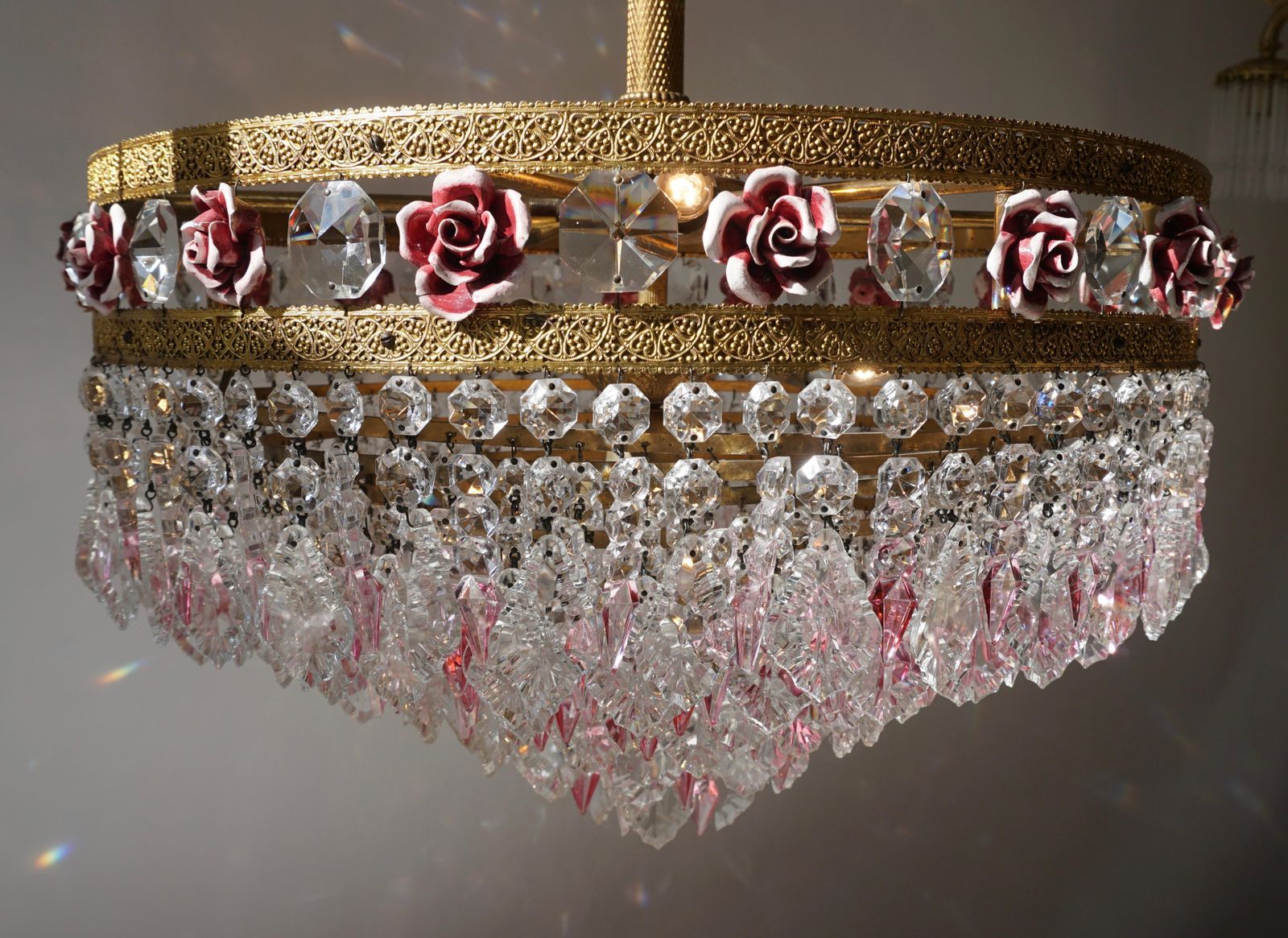 3824.0 Rare Italian Chandelier With Pink Crystals And Pink Roses photo