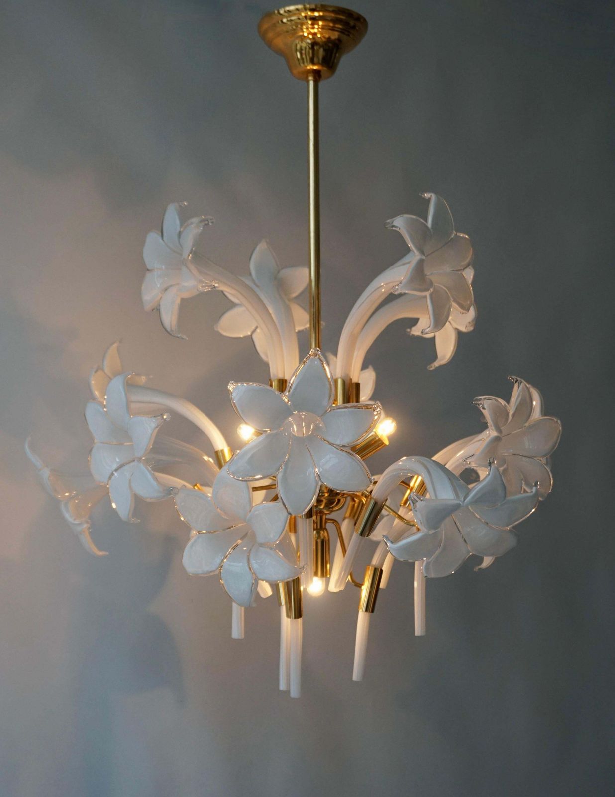 Mid Century Modern Chandelier Designed By Franco Luce With Murano Glass Flowers photo for sale
