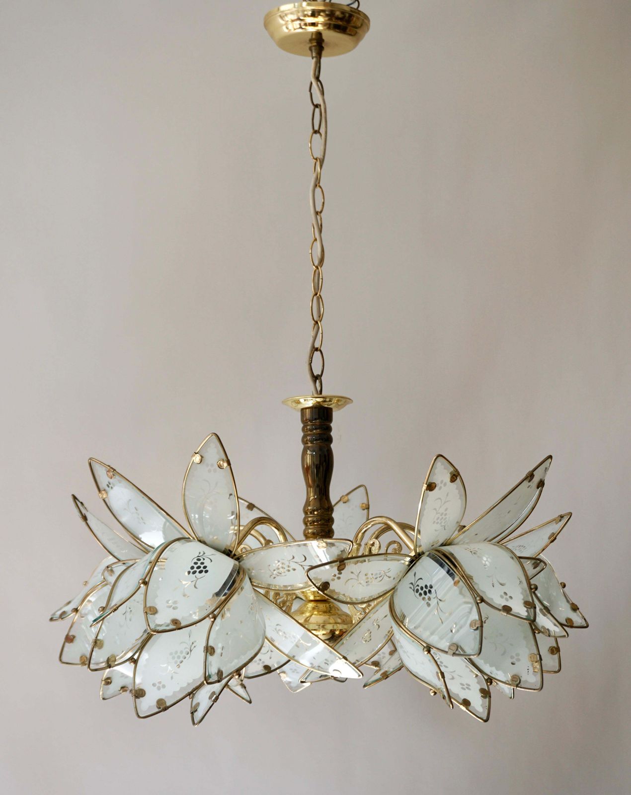Four Italian Brass Chandeliers With White Murano Glass Lotus Flowers photo 3187.0