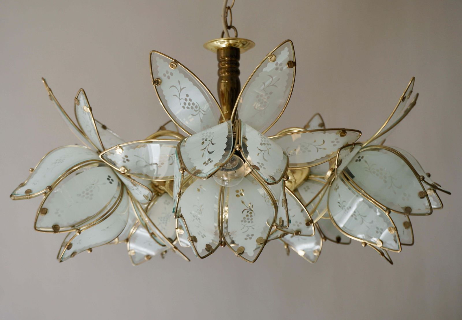 Four Italian Brass Chandeliers With White Murano Glass Lotus Flowers photo vinterior