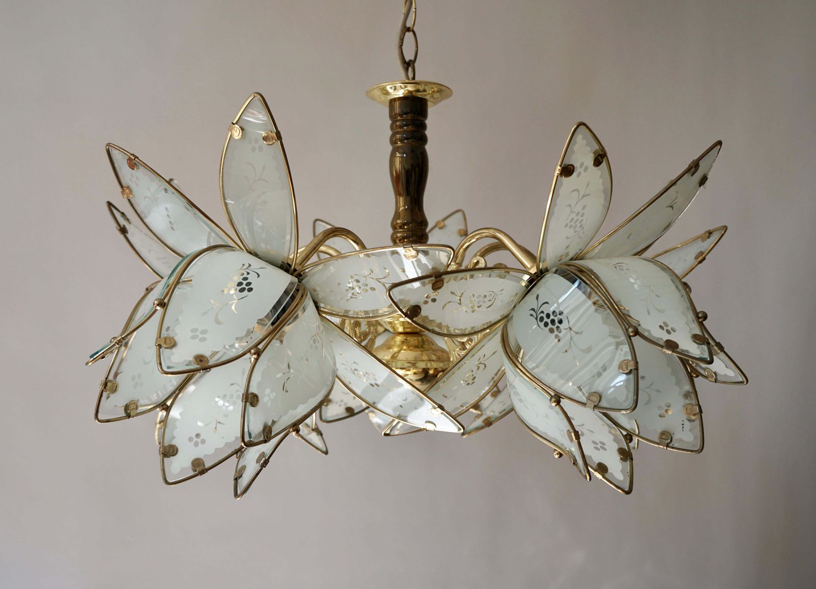 Four Italian Brass Chandeliers With White Murano Glass Lotus Flowers photo buy