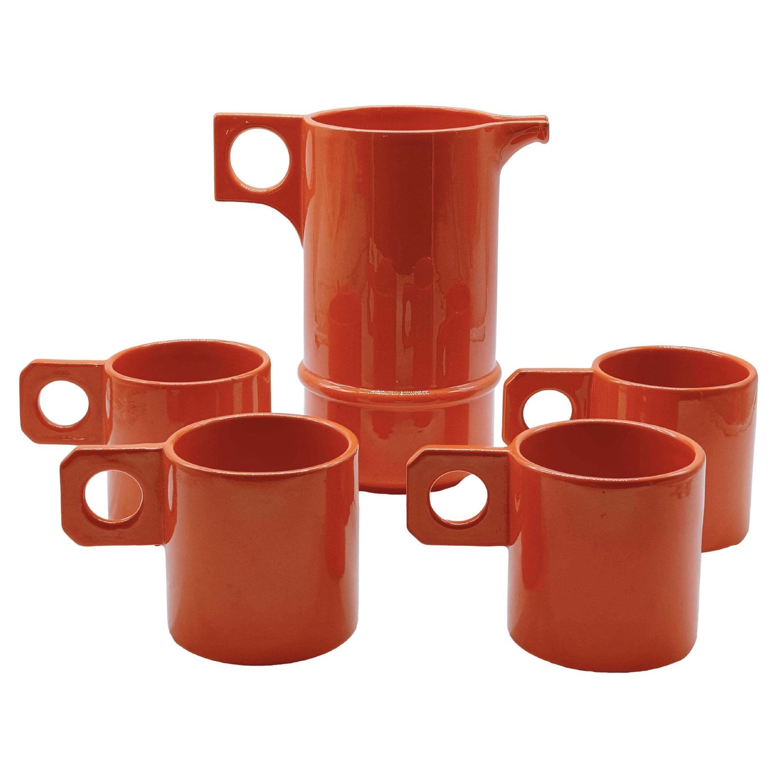 Il Picchio Set Of Four Mugs With Pitcher In Orange Ceramic, Italy 1970s