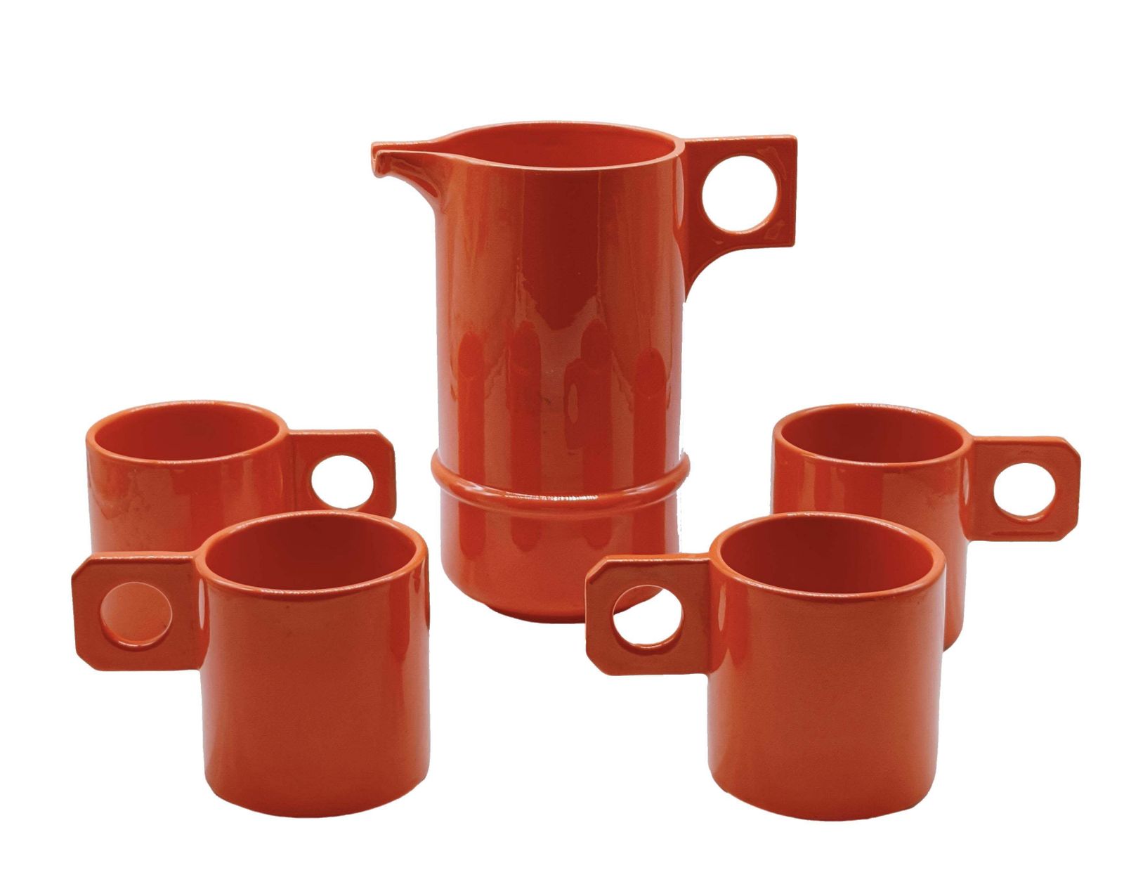 Il Picchio Set Of Four Mugs With Pitcher In Orange Ceramic, Italy 1970s photo for sale