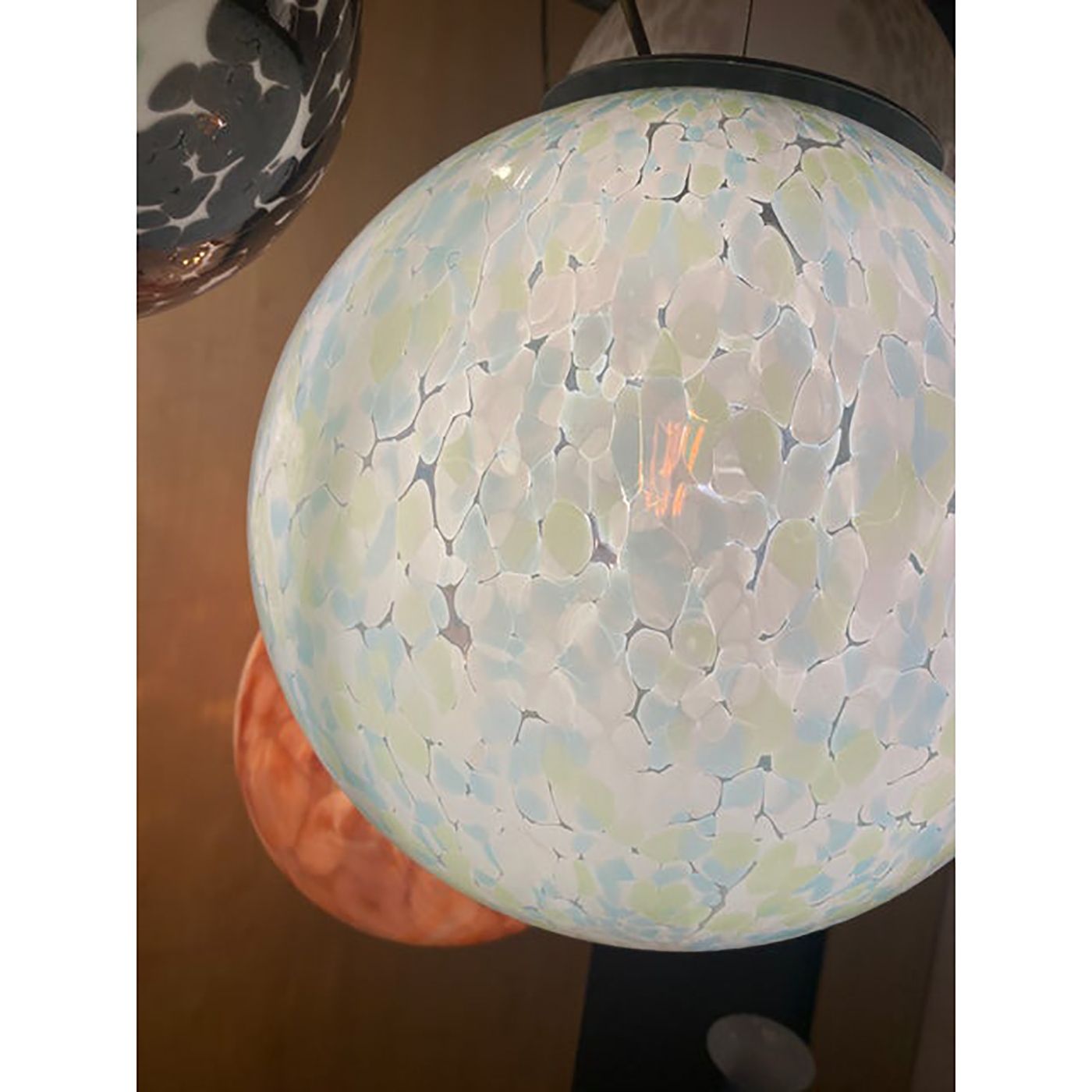 Contemporary Light Green Light Blue And White Swirling Sphere Pendant In Murano Style Glass Italian photo buy