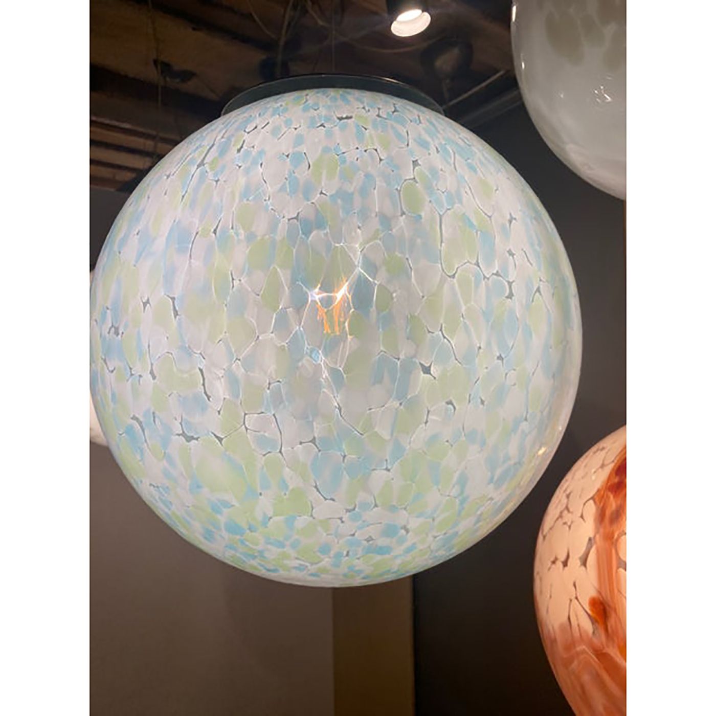 Contemporary Light Green Light Blue And White Swirling Sphere Pendant In Murano Style Glass Italian photo vintage