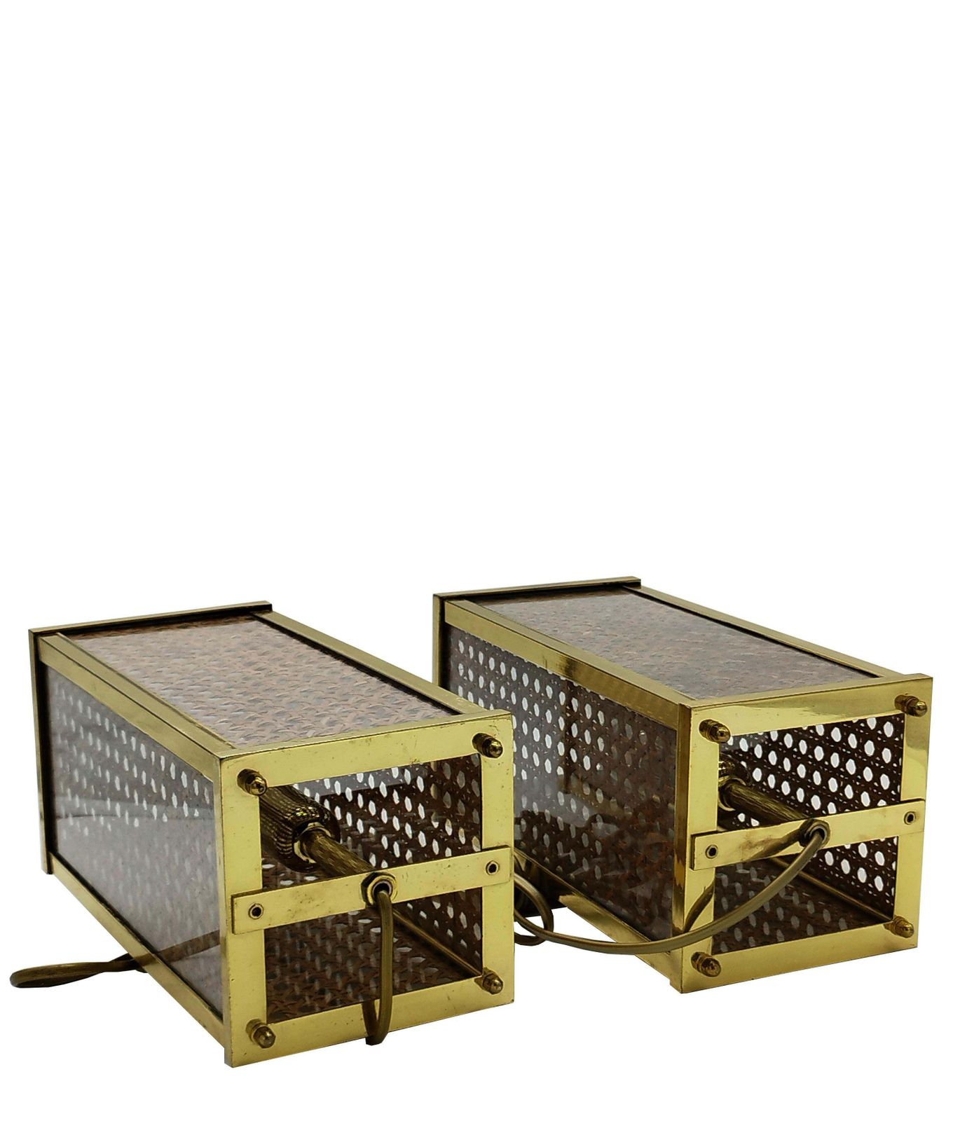 Dior Home Style Pair Of Brass, Glass And Vienna Woven Cane Table Lamps, 1970s photo for sale