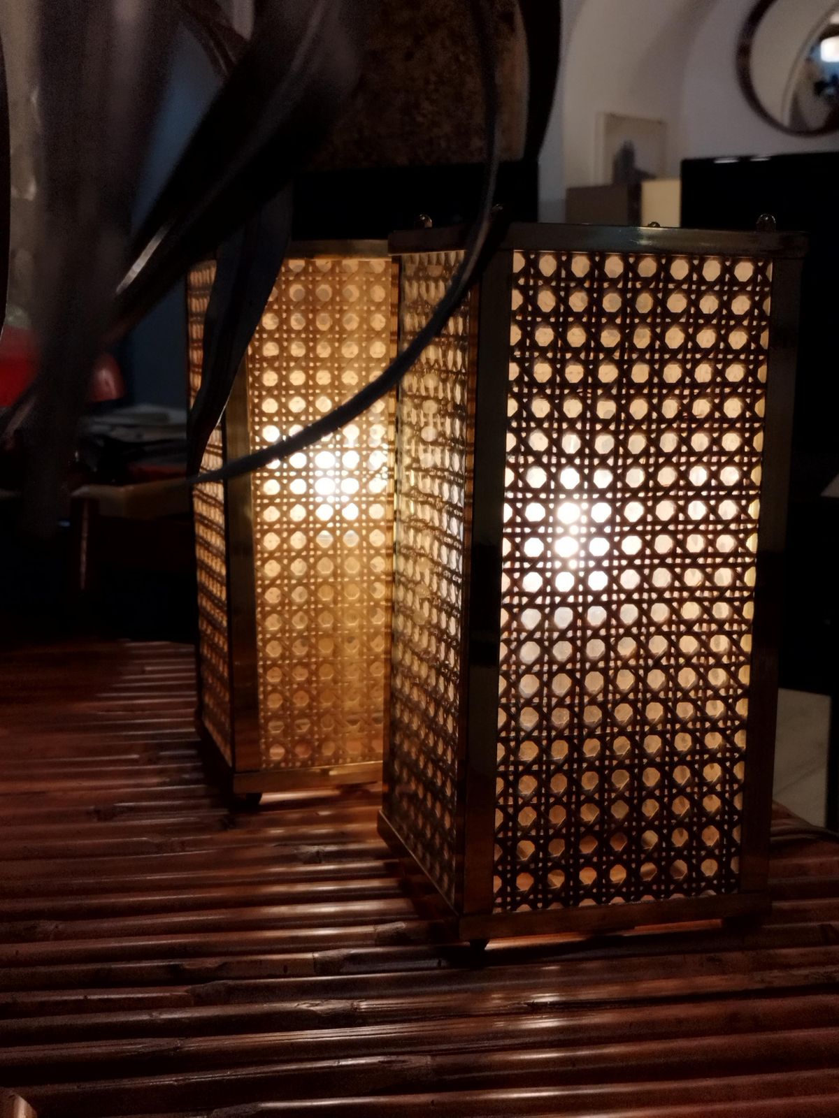 Dior Home Style Pair Of Brass, Glass And Vienna Woven Cane Table Lamps, 1970s photo vinterior