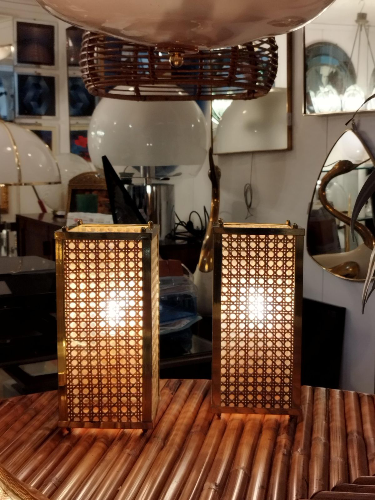 Dior Home Style Pair Of Brass, Glass And Vienna Woven Cane Table Lamps, 1970s photo buy