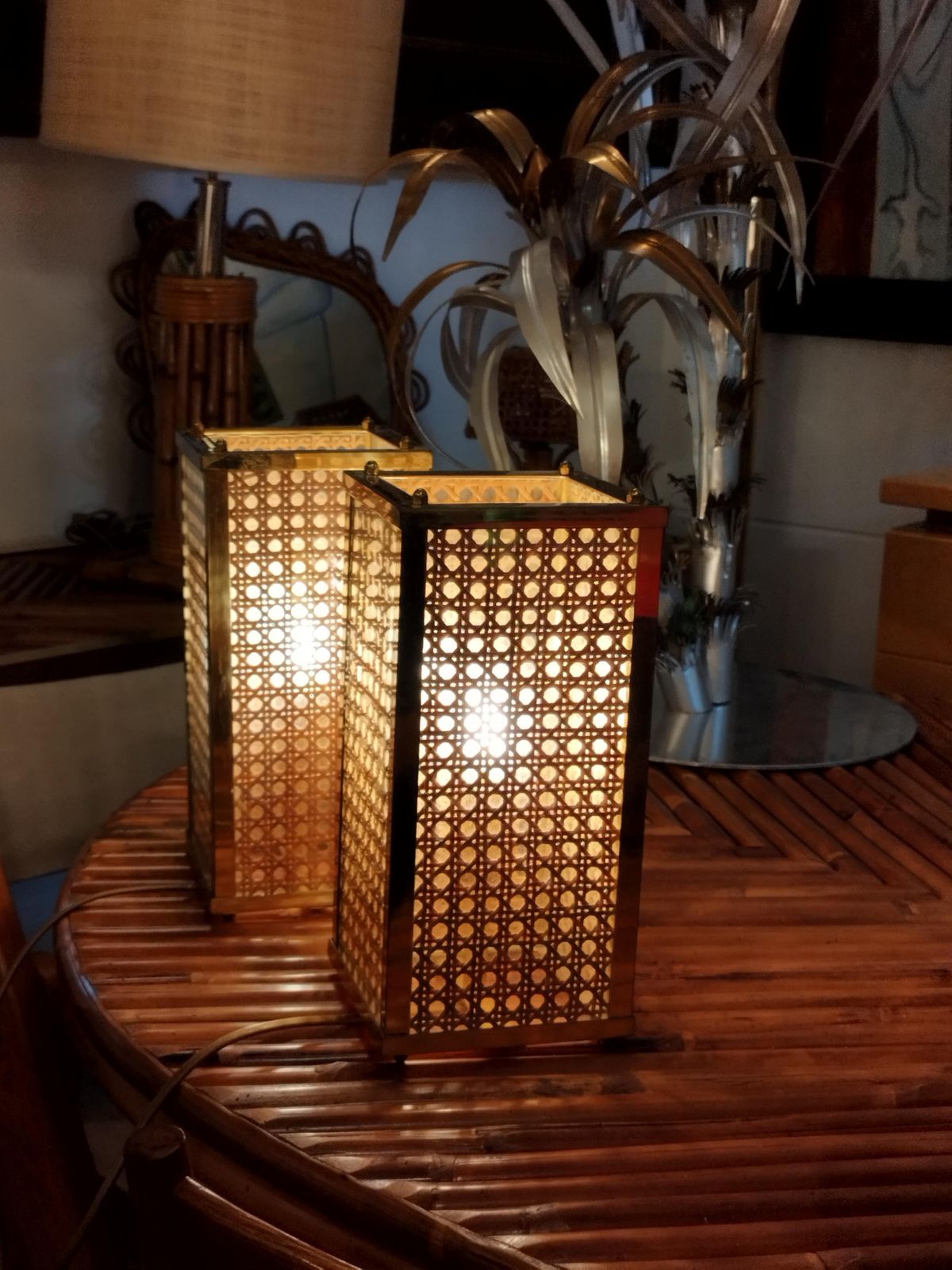 Dior Home Style Pair Of Brass, Glass And Vienna Woven Cane Table Lamps, 1970s photo vintage