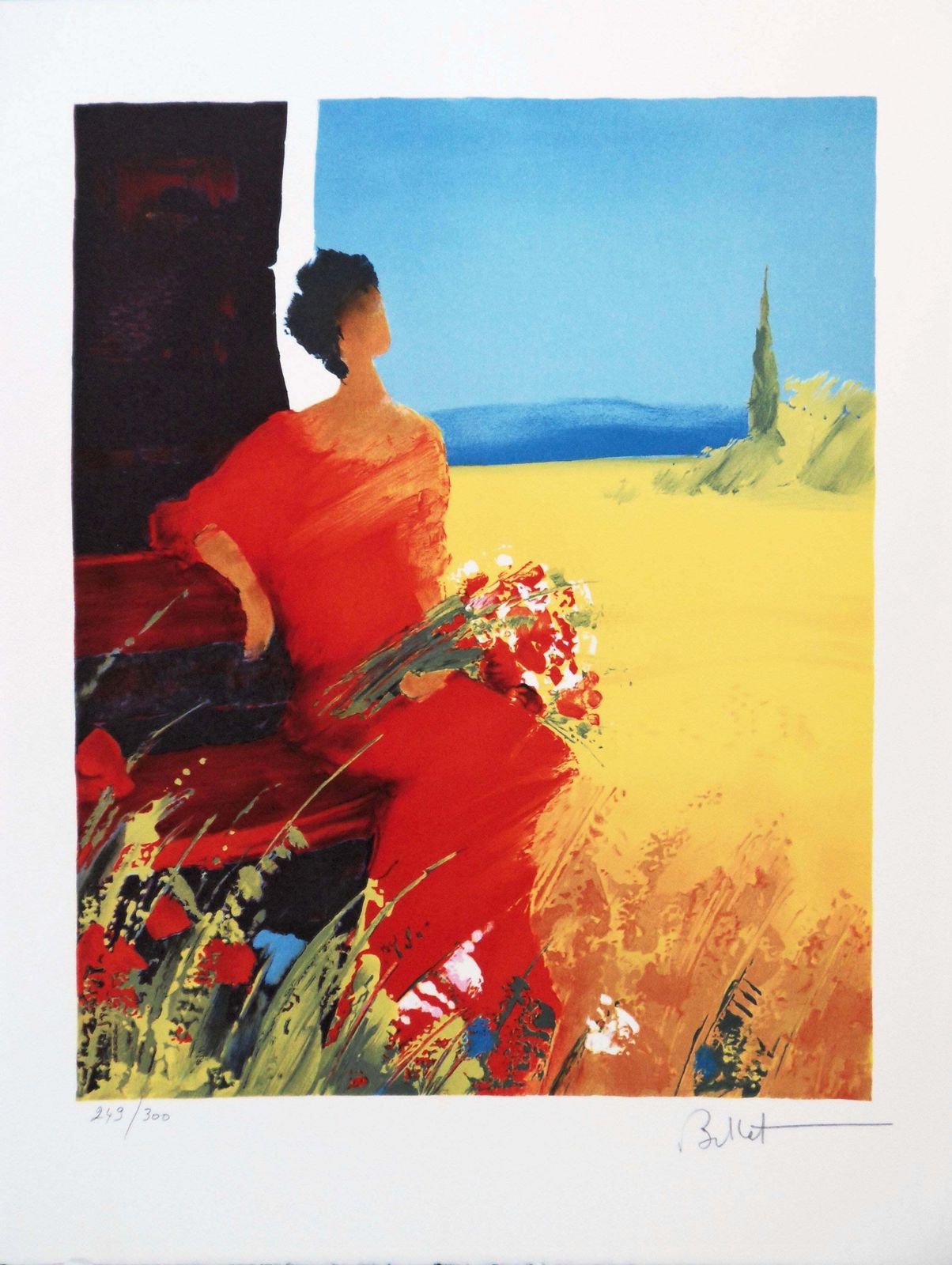 Emile Belletwoman In Red With Bouquet Of Wild Flowers   Handsigned Lithograph