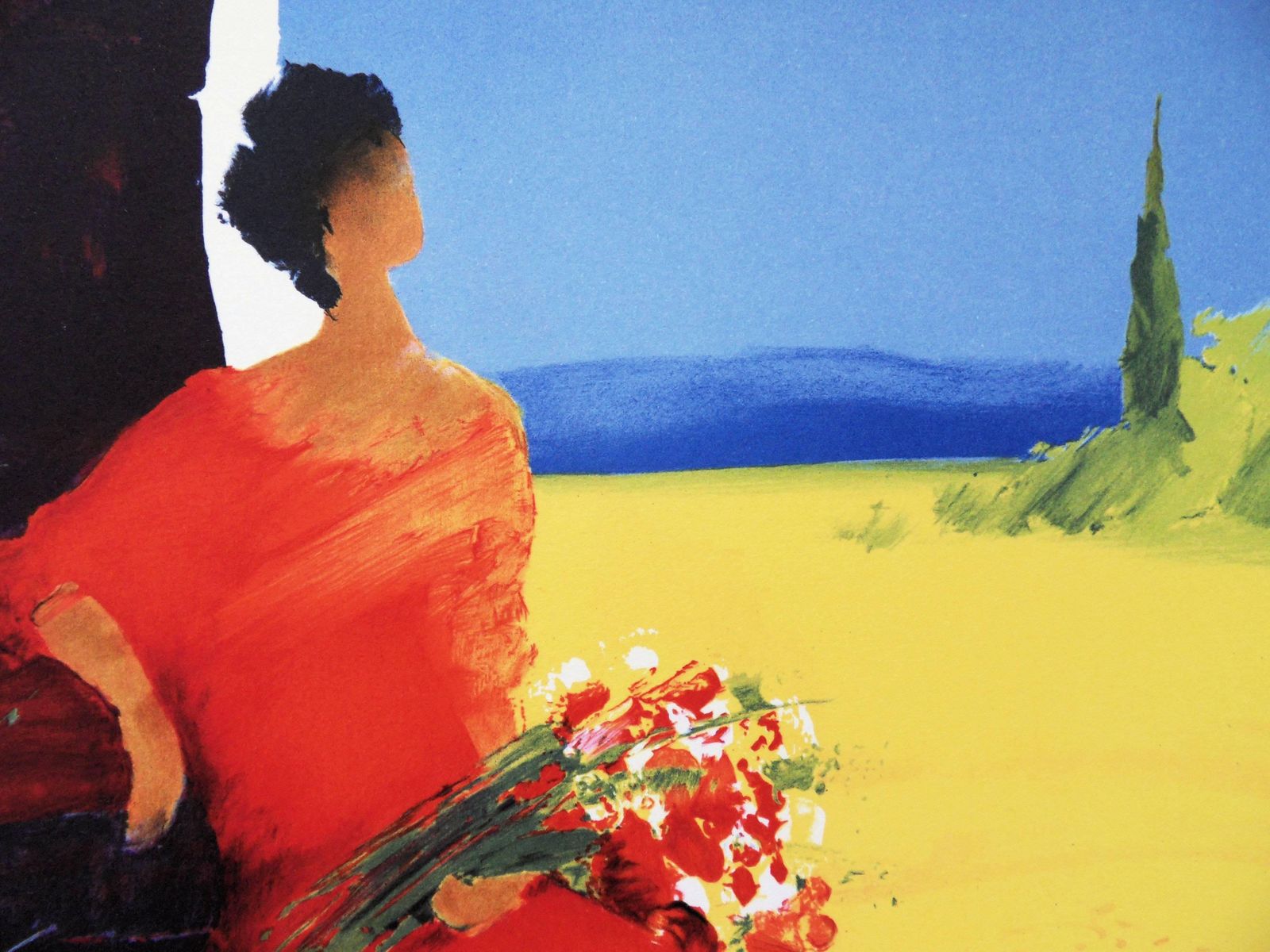 Emile Belletwoman In Red With Bouquet Of Wild Flowers   Handsigned Lithograph photo Art