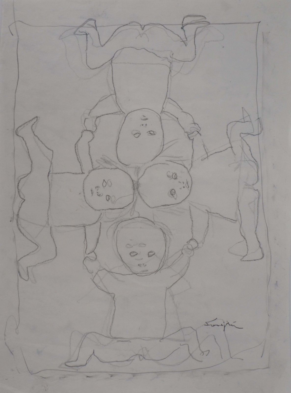 Leonard Tsuguharu Foujitaplaying Kids   Original Pencil Drawing, Handsignedc. 1950