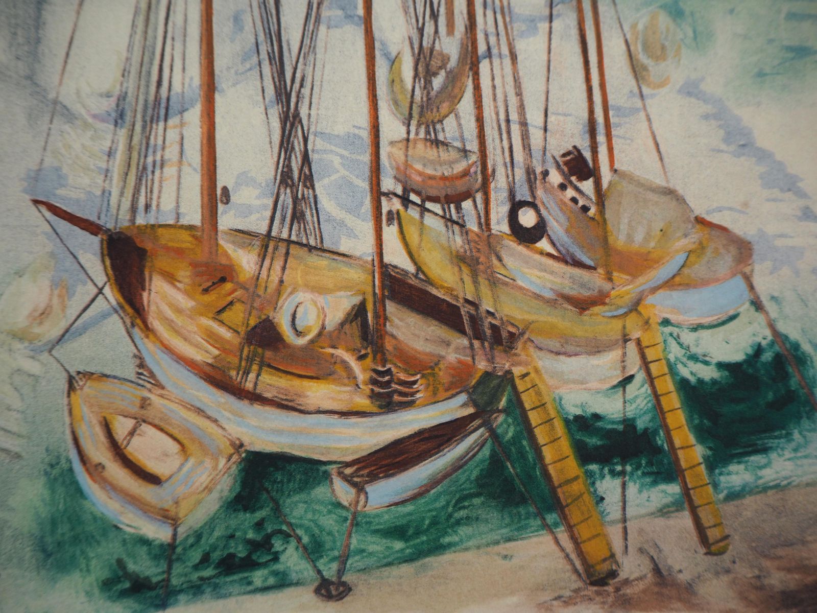 Moise Kislingsailing Boats In French Harbour   Original Lithograph photo Art