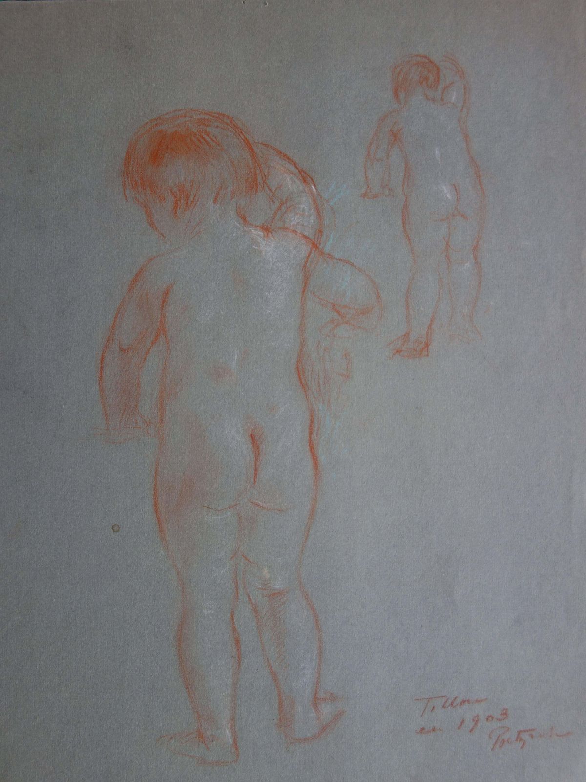 Gustave Poetzschstudy Of A Young Boy   Original Signed Sanguine Charcoal Drawing   19031903 photo for sale