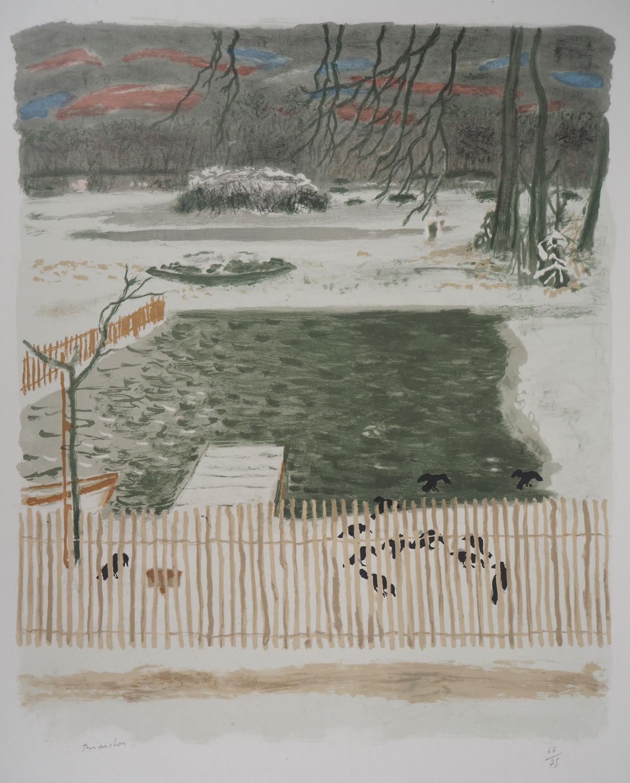 Maurice Brianchonthe Pond In Winter With Ravens   Original Lithograph, Handsigned1956