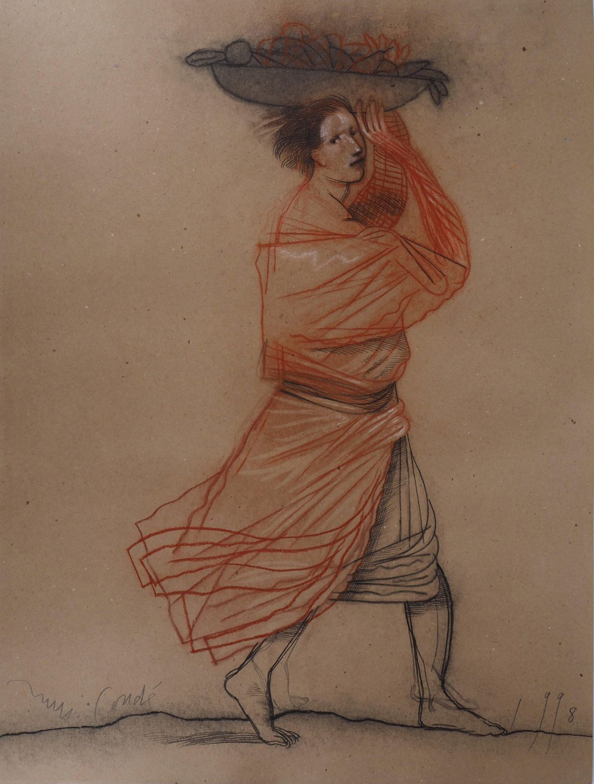 Miguel Condethe Fruit Seller   Tall Original Ink And Charcoals Drawing, Handsigned1998