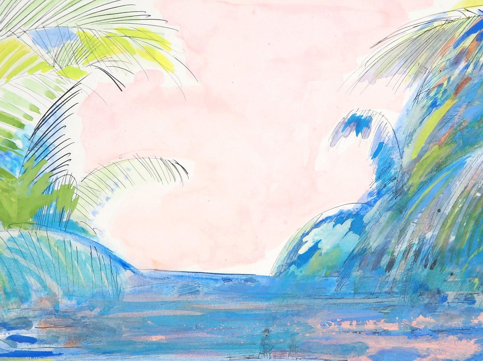 Maurice Genispink Sky On The Beach   Original Handsigned Watercolor, Gouache And Ink Painting photo vinterior