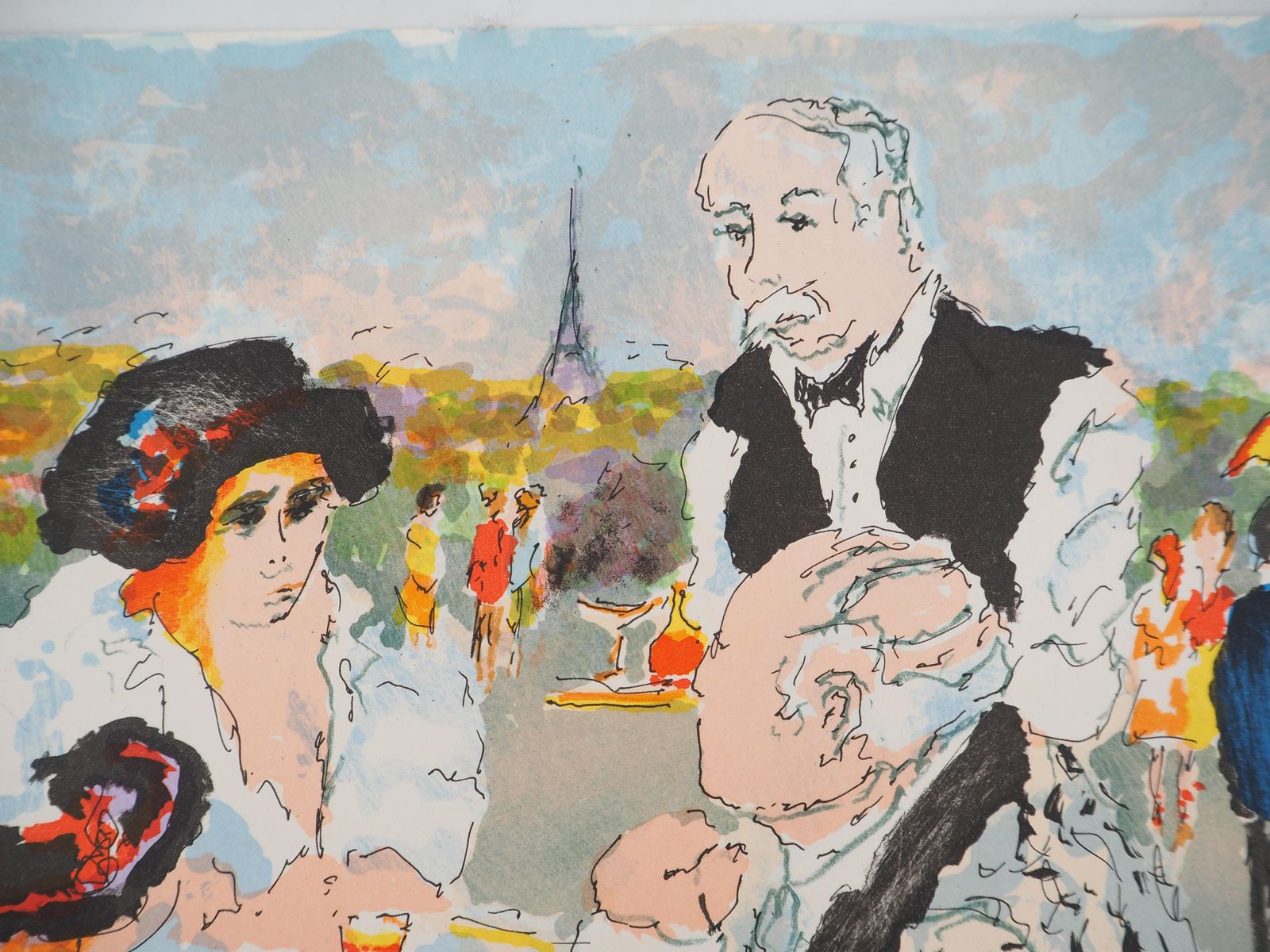 Urbain Huchetparis : Terrace Of A Café And Eiffel Tower   Original Lithograph Handsigned 1970 photo 127.0