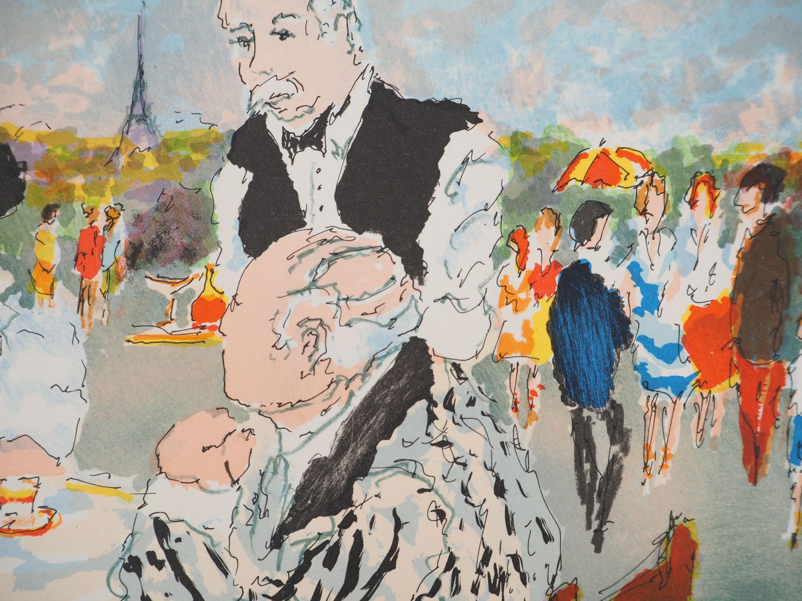 Urbain Huchetparis : Terrace Of A Café And Eiffel Tower   Original Lithograph Handsigned 1970 photo vinterior