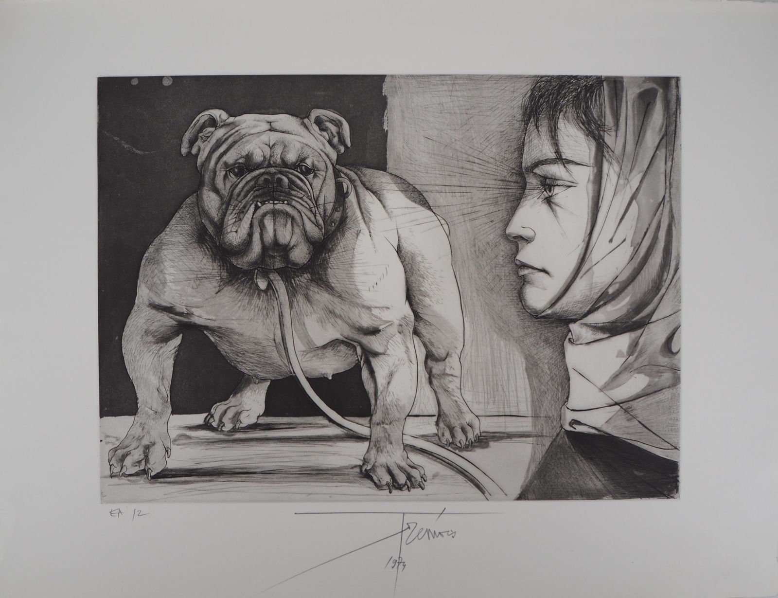 Pierre Yves Trémoisbulldog And Woman   Original  Handsigned Etching1974