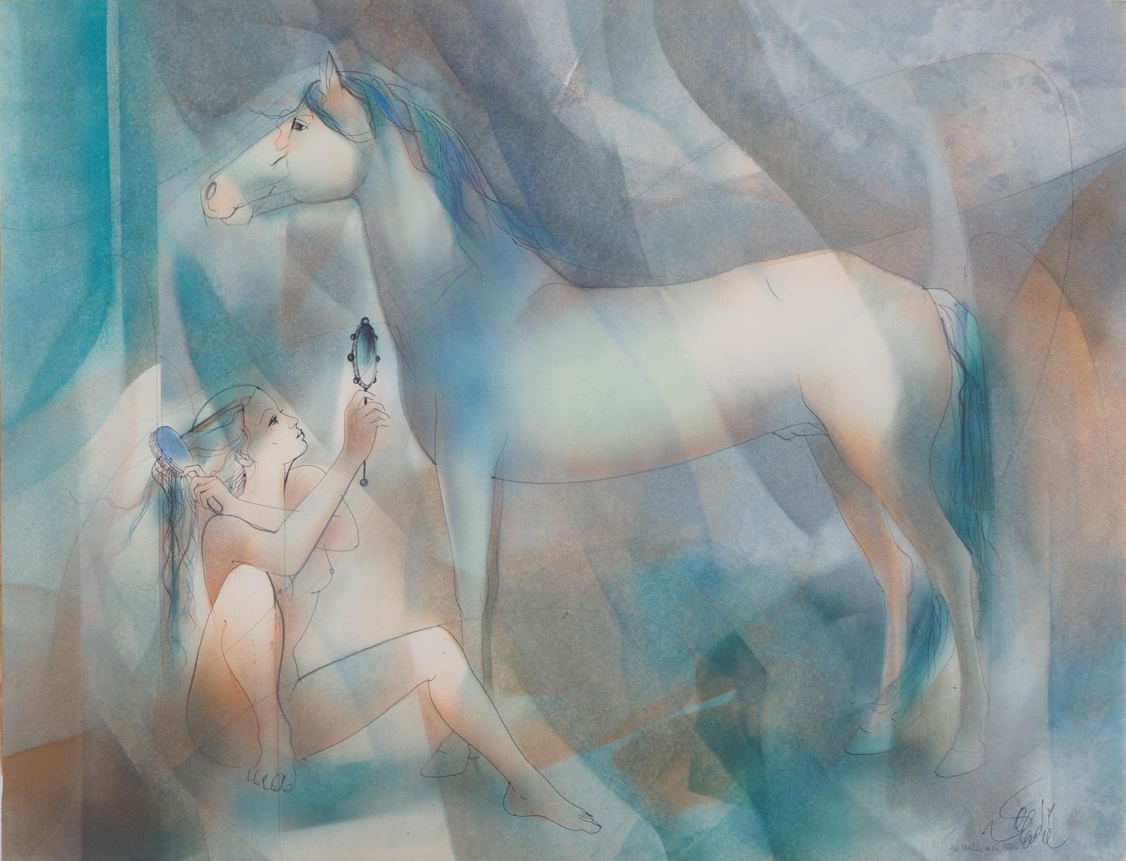 Jean Baptiste Valadieyoung Woman And White Horse   Original Watercolor, Handsigned