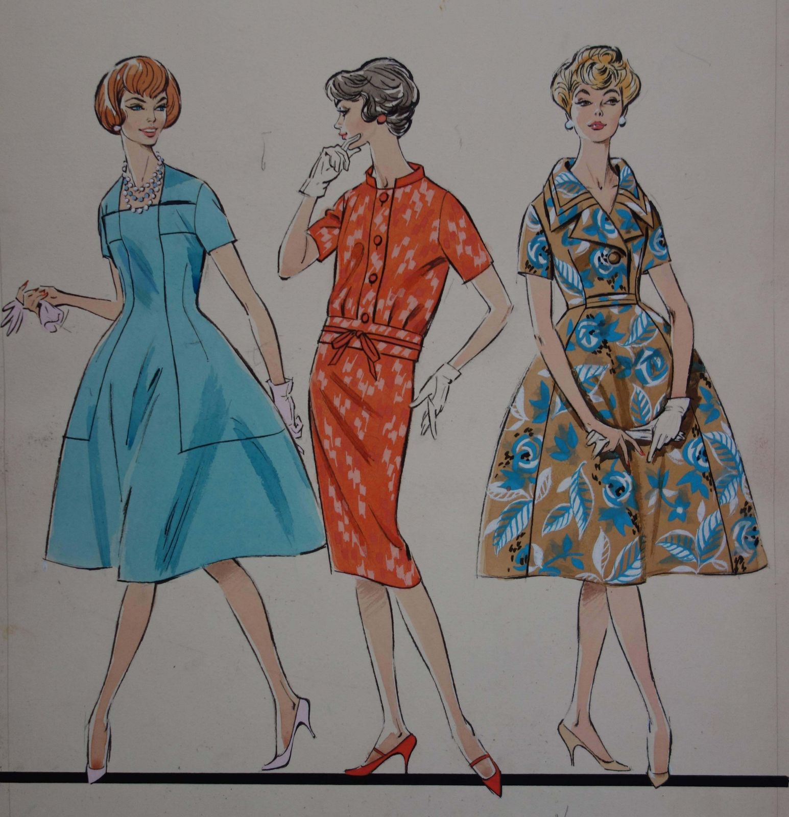 Rosy Andreasi Verdiermode Drawing : Three Dresses For Spring   Original Watercolor & Gouache Drawing photo for sale