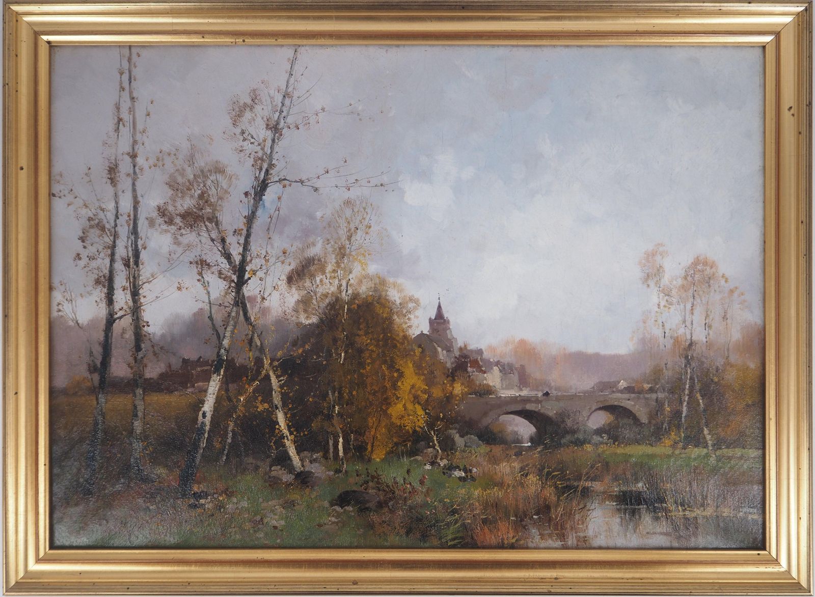 Eugene Galien Lalouenormandy, Bridge Near A Village   Original Painting On Canvas   Signed