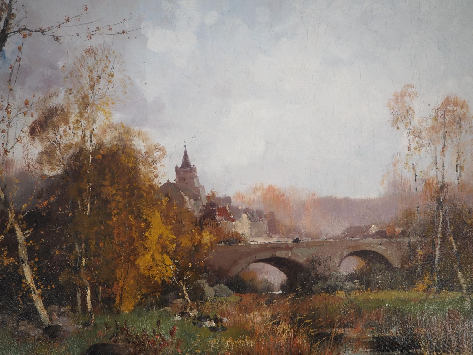 Eugene Galien Lalouenormandy, Bridge Near A Village   Original Painting On Canvas   Signed photo for sale
