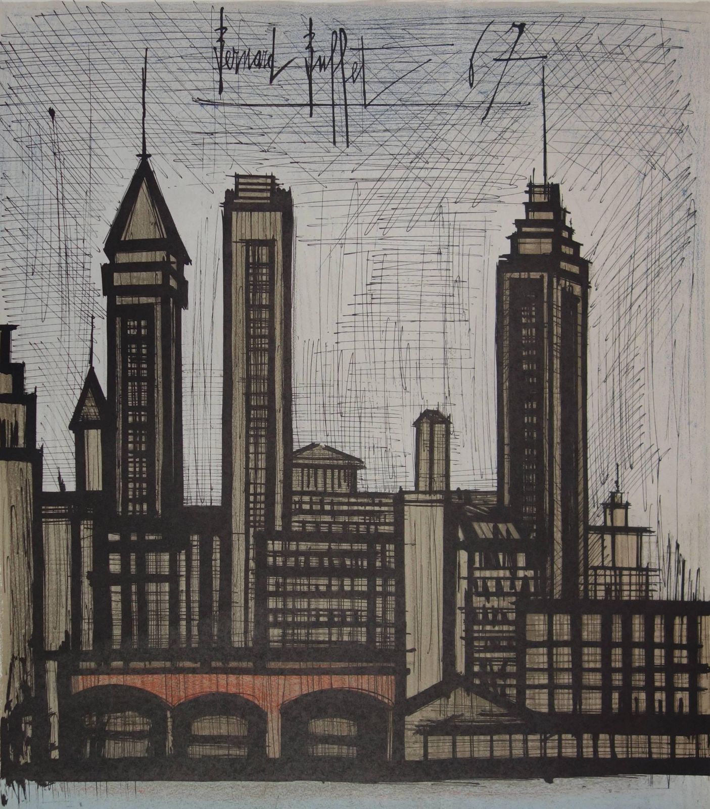 Bernard Buffetbuildings In New York   Original Lithograph   Mourlot 19671967 photo for sale