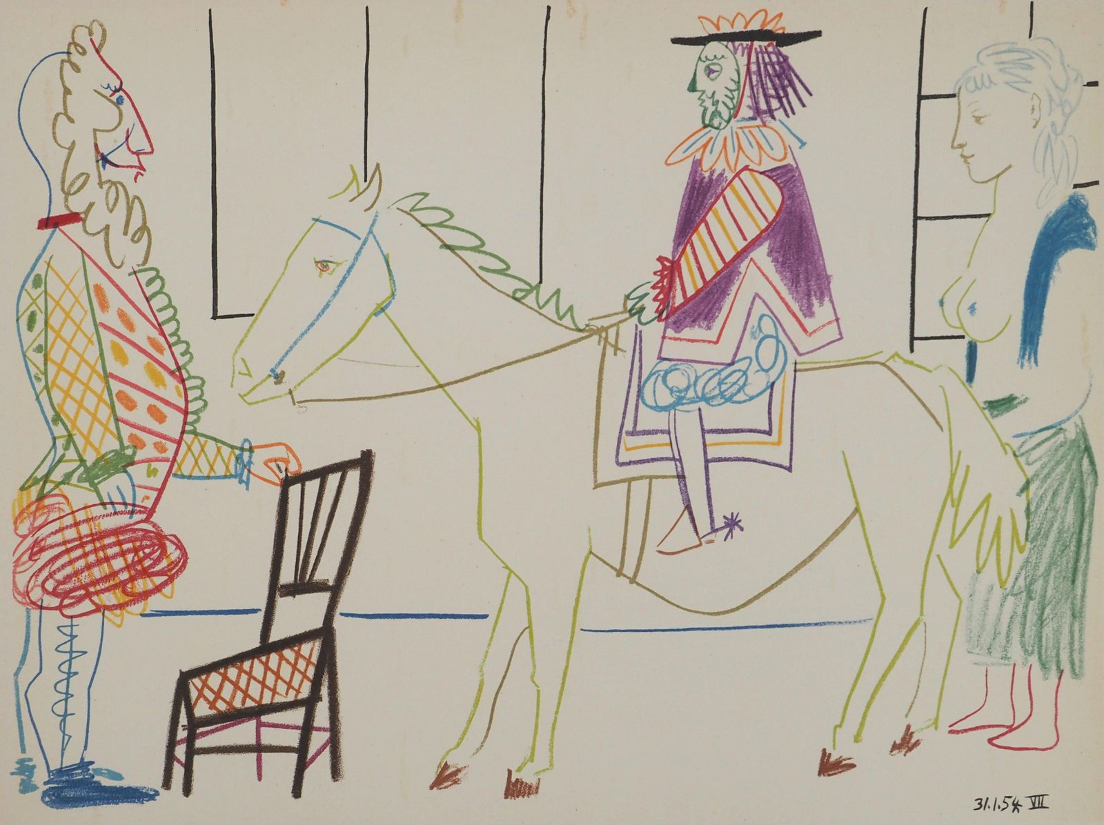 Pablo Picassoknight, Nude Woman And Man Wearing A Mask    Lithograph (Mourlot)1954