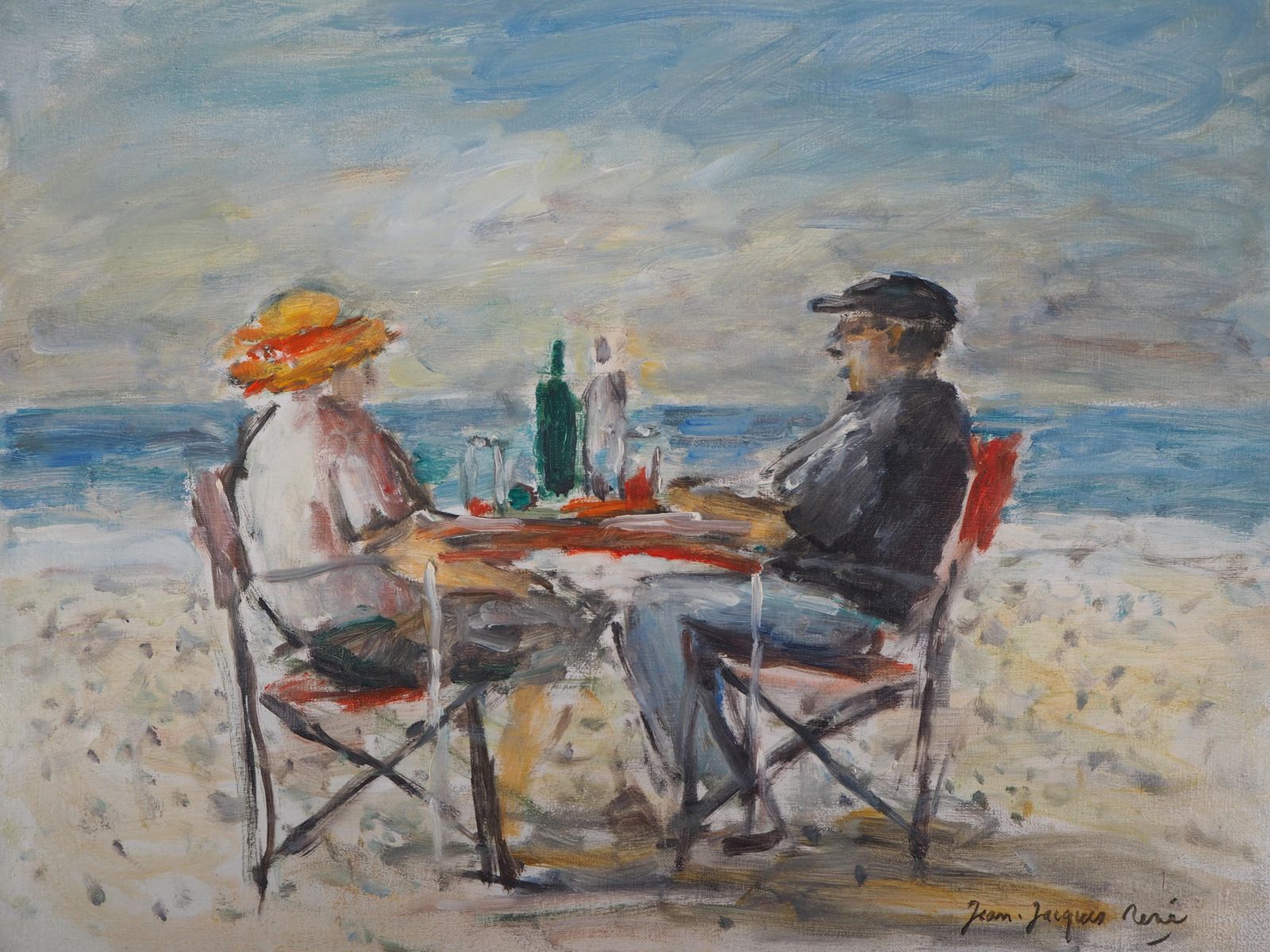 Jean Jacques Renelunch On The Beach   Oil On Canvas Hansigned