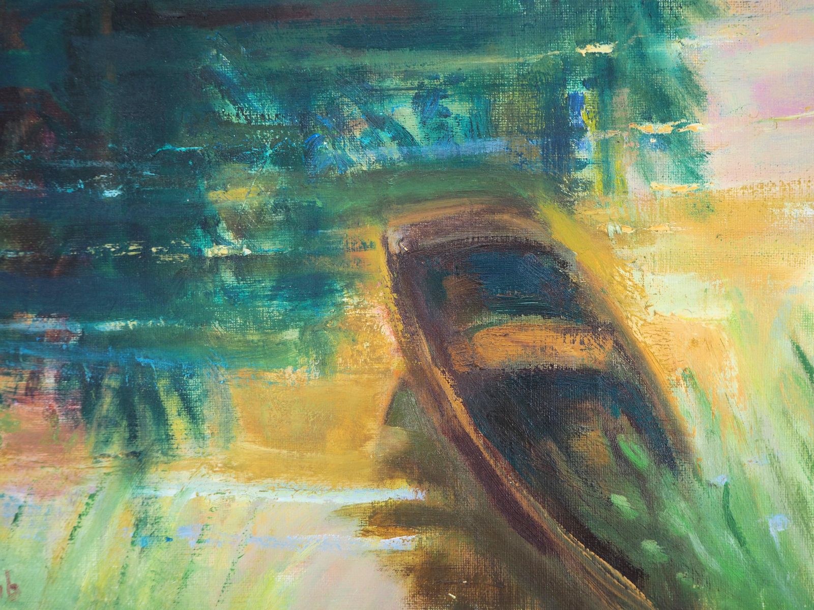 Paul Collombwild Nature : Small Boat On The Pond   Original Oil Painting, Handsigned photo vinterior
