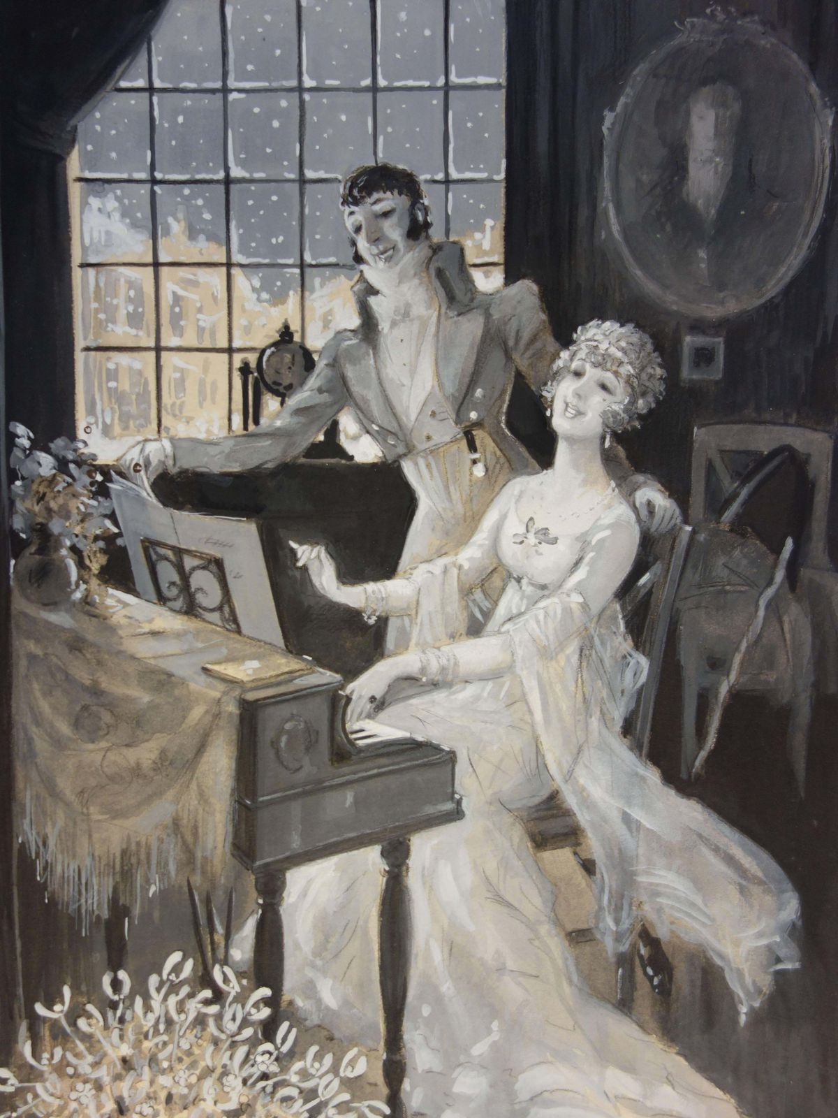 Marcel Blochpiano Lesson On A Snowing Day   Original Handsigned Watercolor   19301930 photo for sale