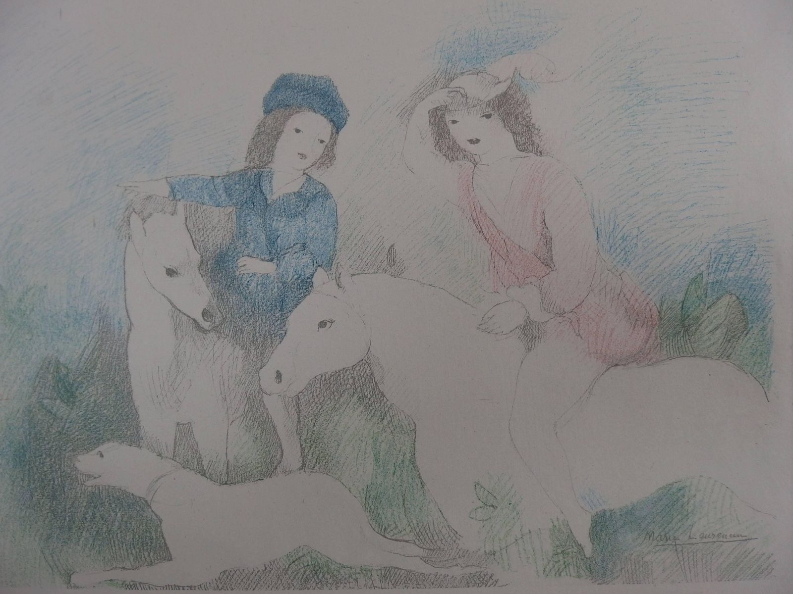 Marie Laurencintwo Girls With Horses And Dog   Signed Stone Lithograph   19281928 photo for sale